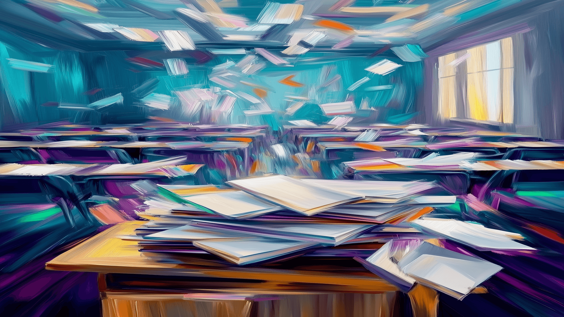 Bild på skrivbord och böcker i ett klassrum