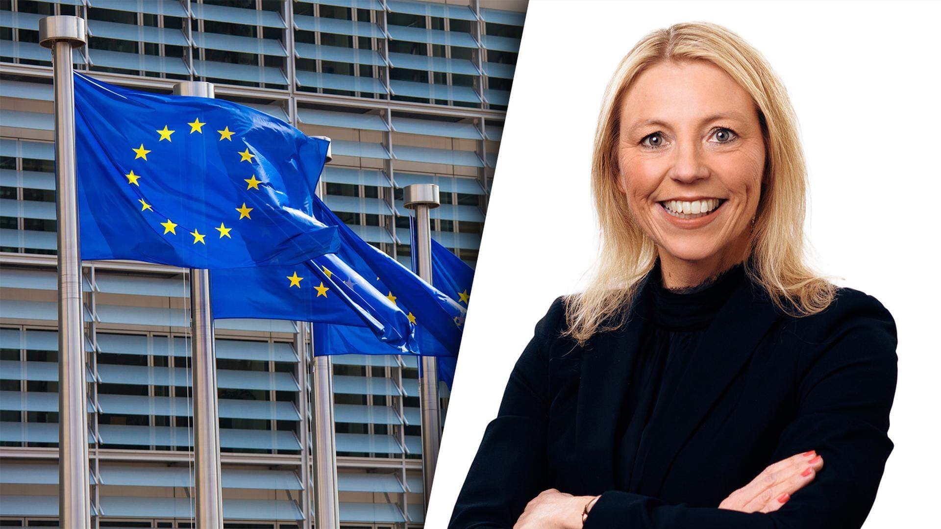EU-flaggor och Marie Trogstam, avdelningschef hållbarhet och infrastruktur.