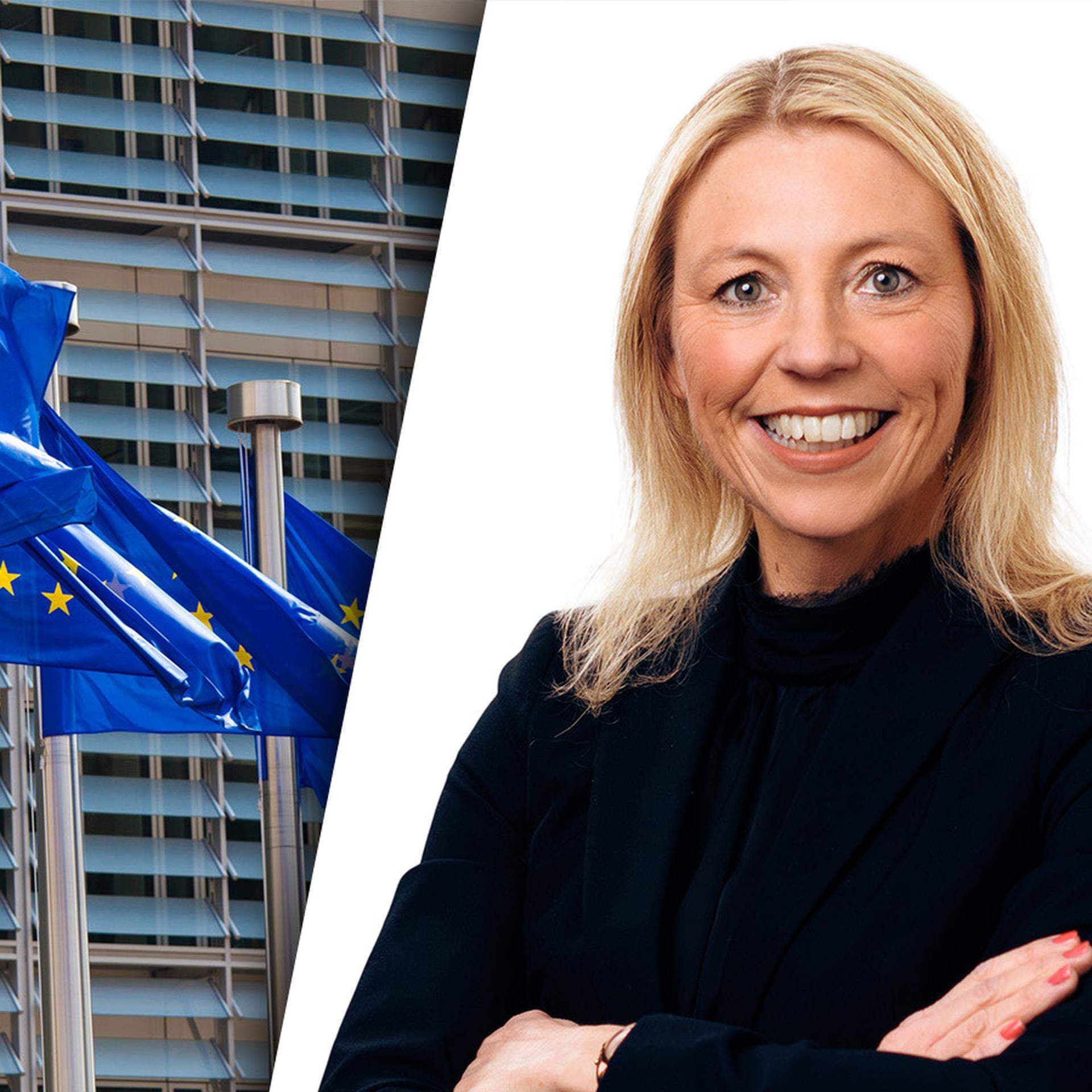 EU-flaggor och Marie Trogstam, avdelningschef hållbarhet och infrastruktur.