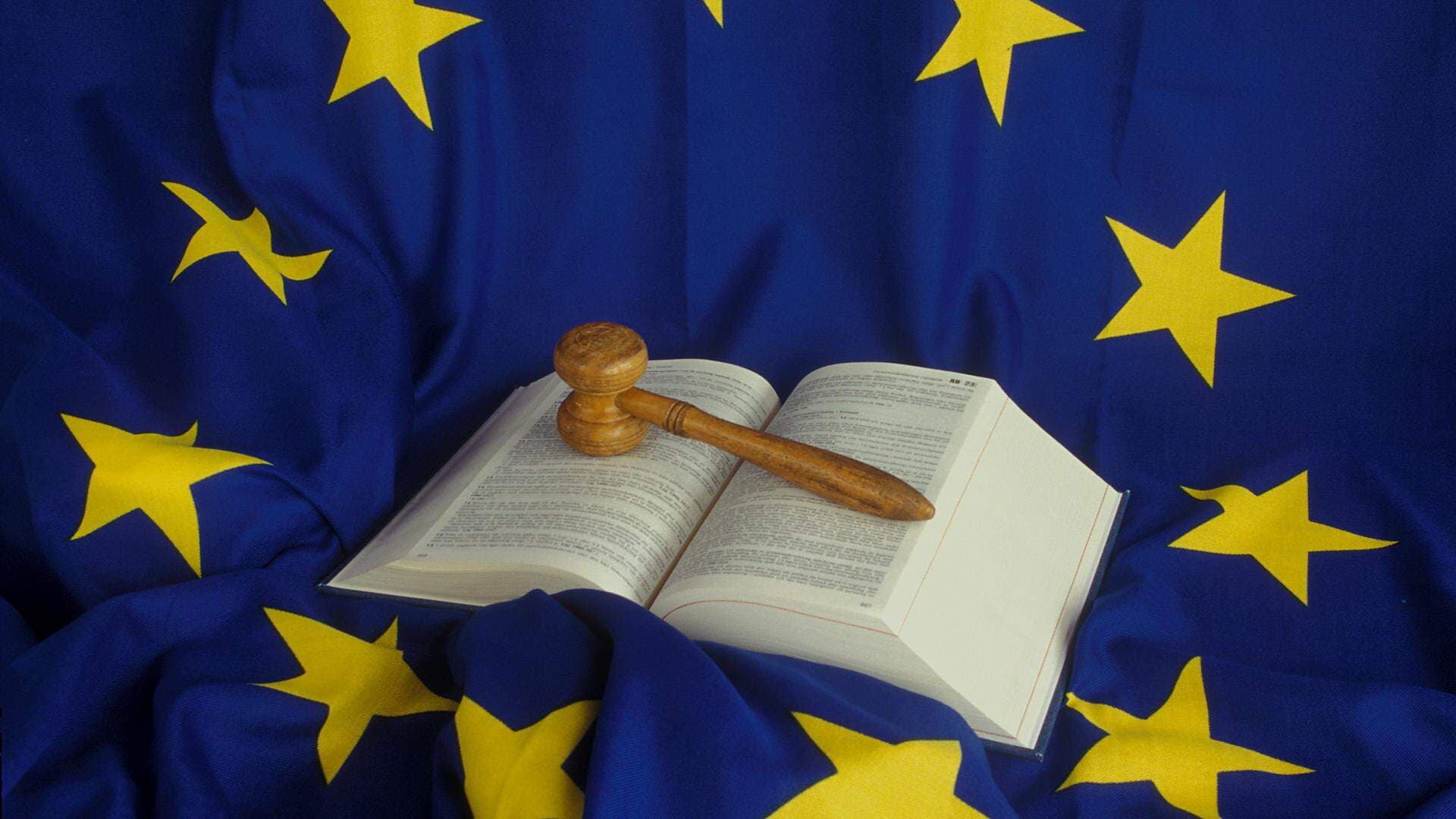 En uppslagen lagbok med en träklubba ligger på en bakgrund i form av blå EU-flagga.
