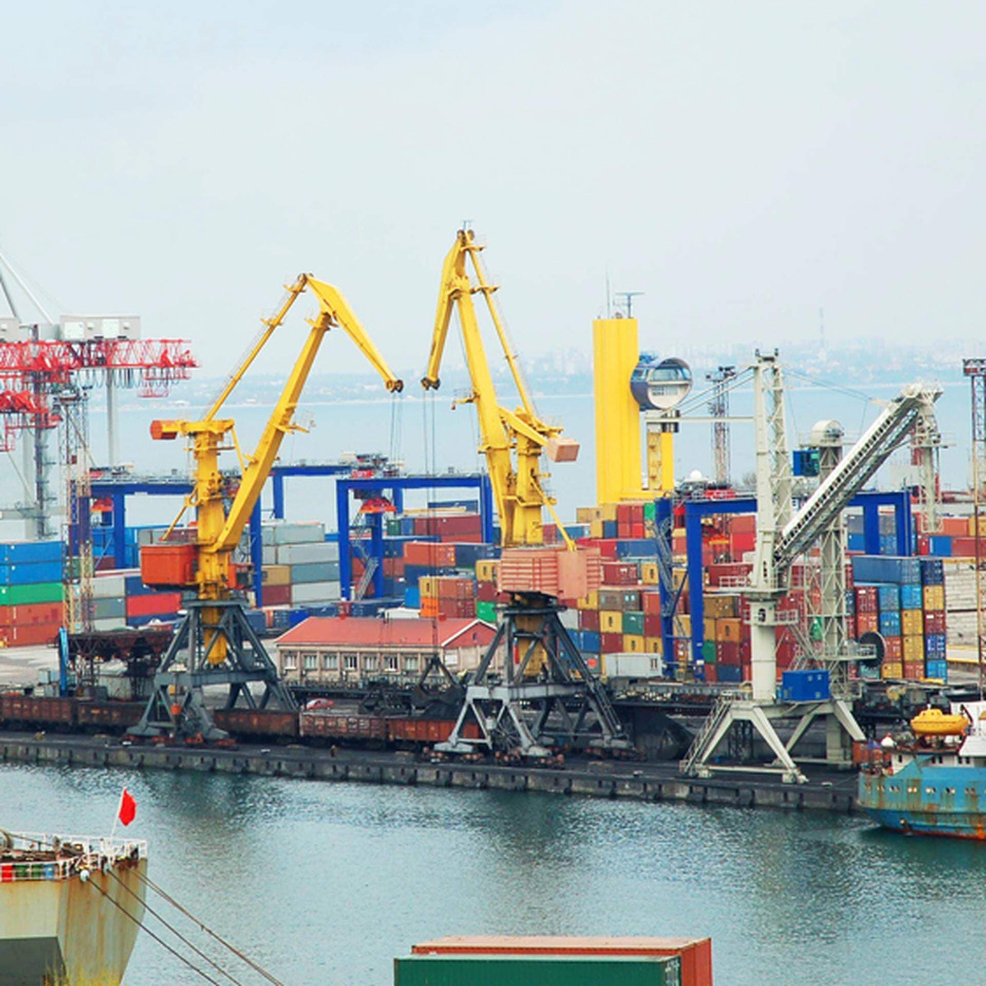 Lyftkranar och containrar lastar i en stor hamn