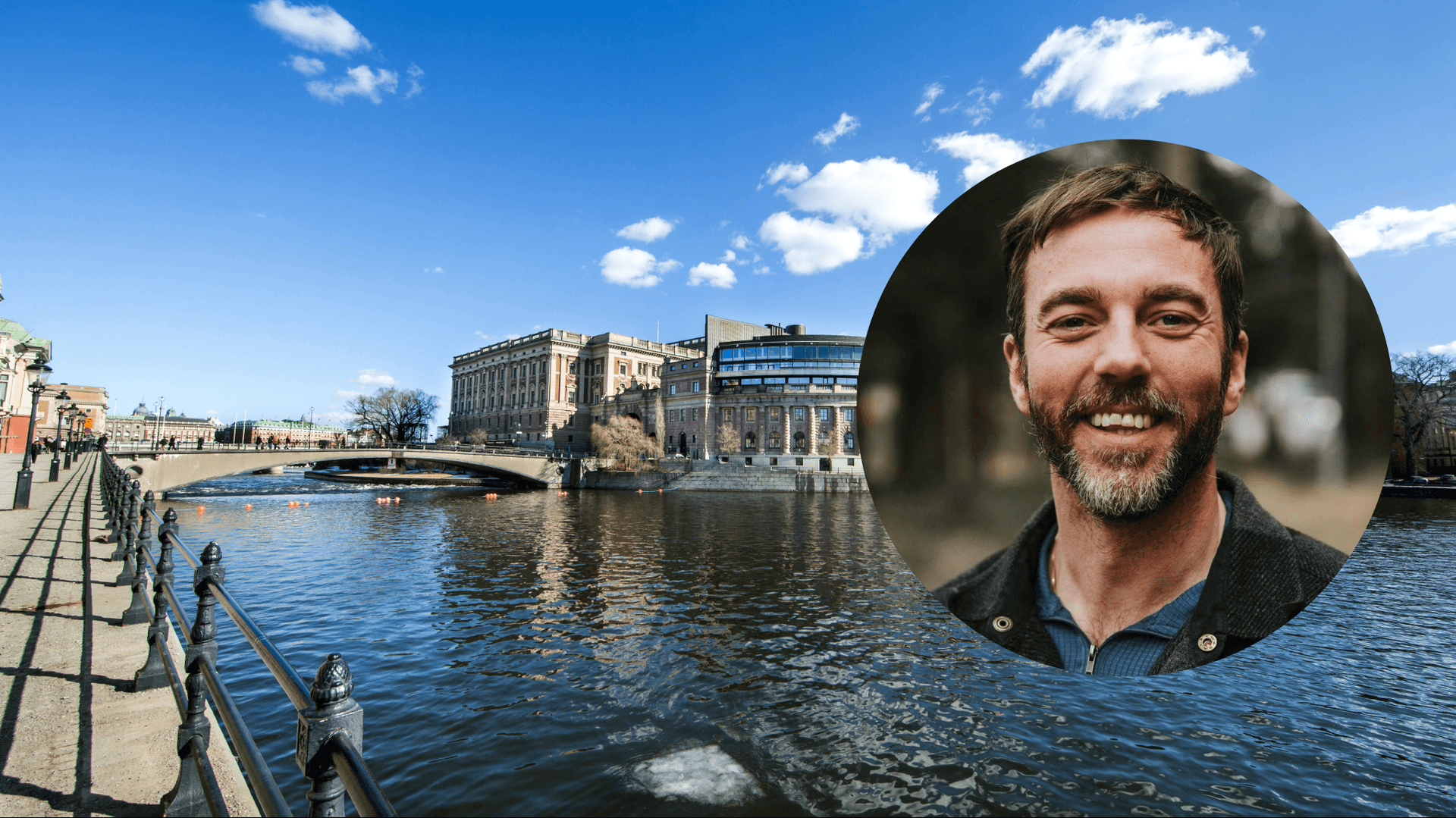 En montagebild med Riksdagen och Kalle Olsson