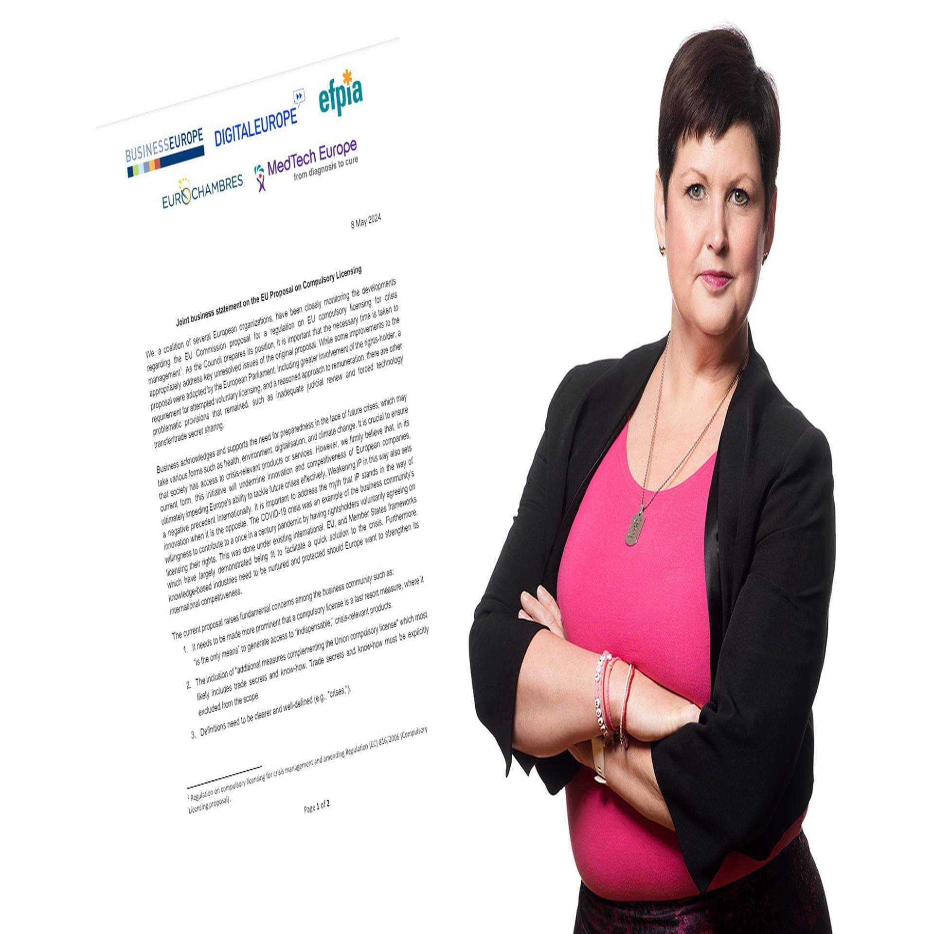 Det gemensamma uttalandet där bland annat organisationerna BusinessEurope, som företräder cirka 21 miljoner från 36 europeiska länder samt MedtechEurope, som är den europeiska branschorganisationen för medicinteknikindustrin varnar för den nya lagen. Christina Wainikka, expert på immaterialrätt på Svenskt Näringsliv.
