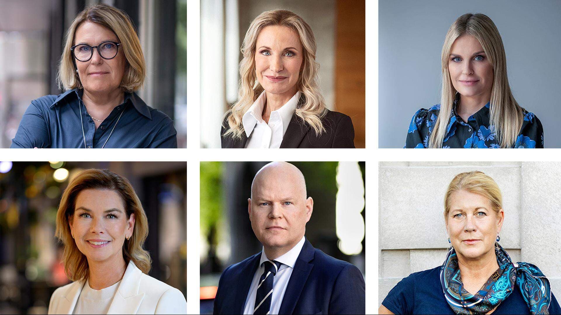 Karin Johansson, vice för vd Svenskt Näringsliv, Pia Sandvik, vd för Teknikföretagen, Ann Öberg, vd för Almega, Sofia Larsen, vd för Svensk Handel, Marcus Dahlsten, vd för Transportföretagen och Catharina Elmsäter-Svärd, vd för Byggföretagen.