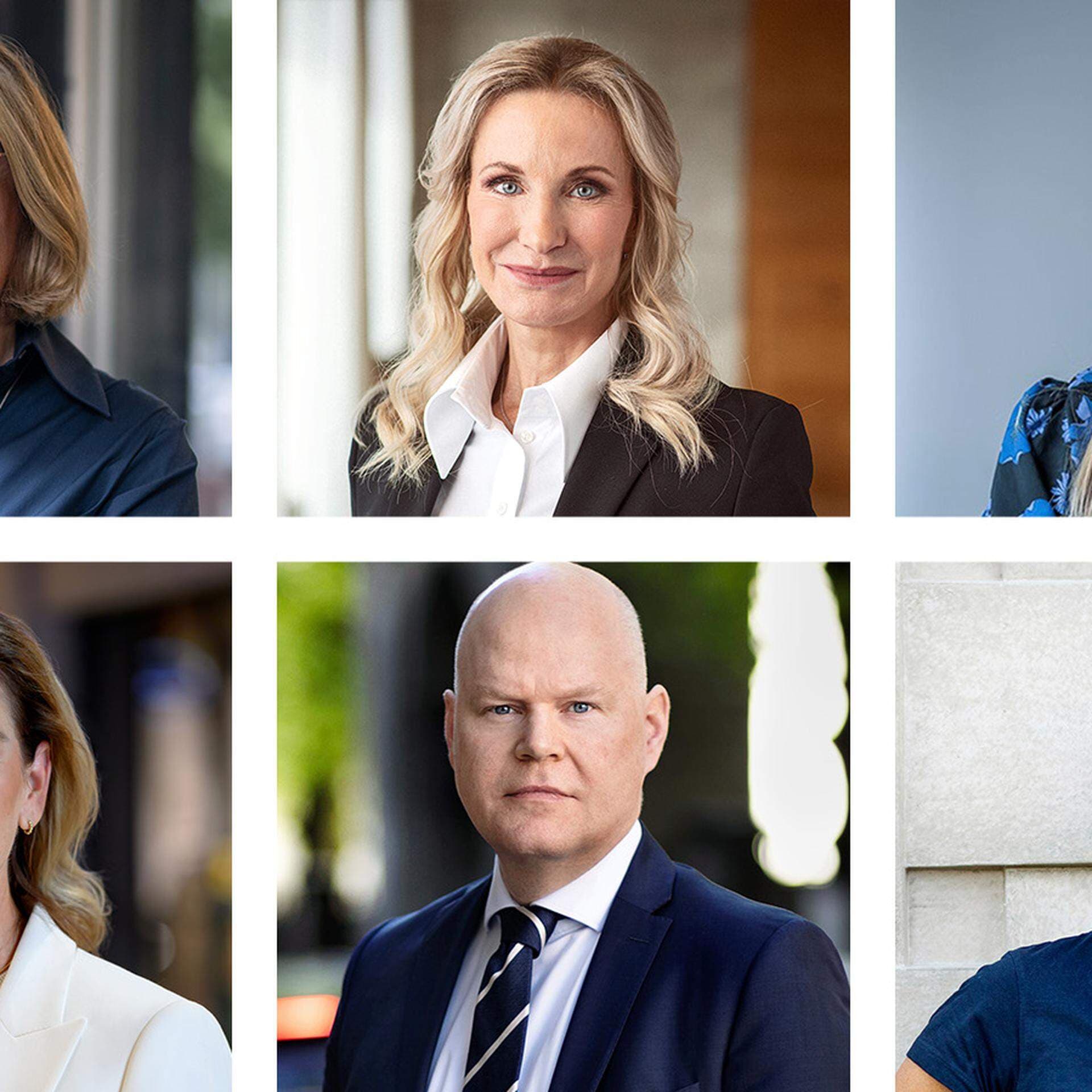 Karin Johansson, vice för vd Svenskt Näringsliv, Pia Sandvik, vd för Teknikföretagen, Ann Öberg, vd för Almega, Sofia Larsen, vd för Svensk Handel, Marcus Dahlsten, vd för Transportföretagen och Catharina Elmsäter-Svärd, vd för Byggföretagen.