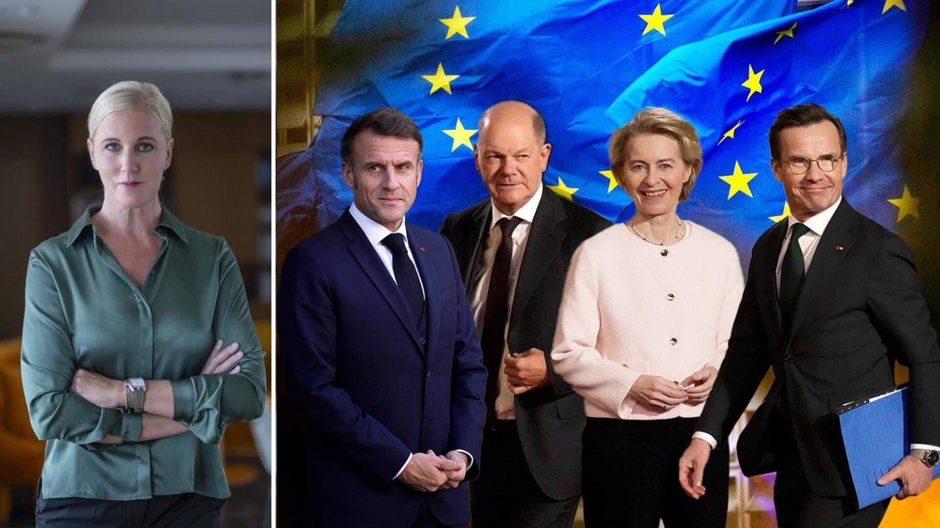Anna Stellnger samt montage med Emmanuel Macron, Olaf Scholz, Ursula Von der Leyen och Ulf Kristersson.