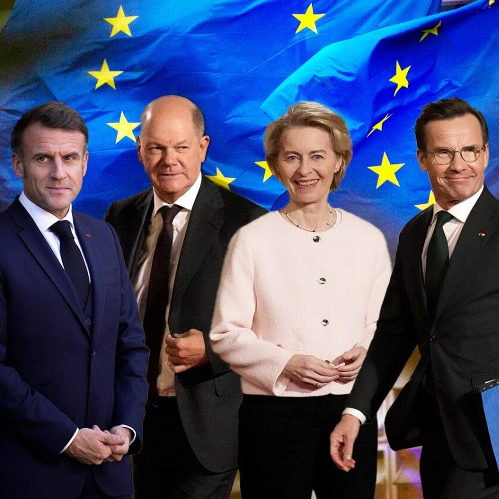 Anna Stellnger samt montage med Emmanuel Macron, Olaf Scholz, Ursula Von der Leyen och Ulf Kristersson.