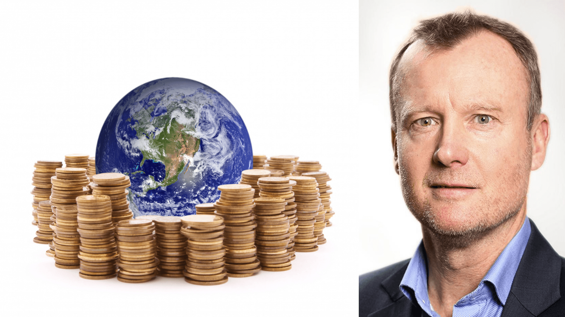 Claes Hammarstedt och en jordglob som kringgärdas av mynt