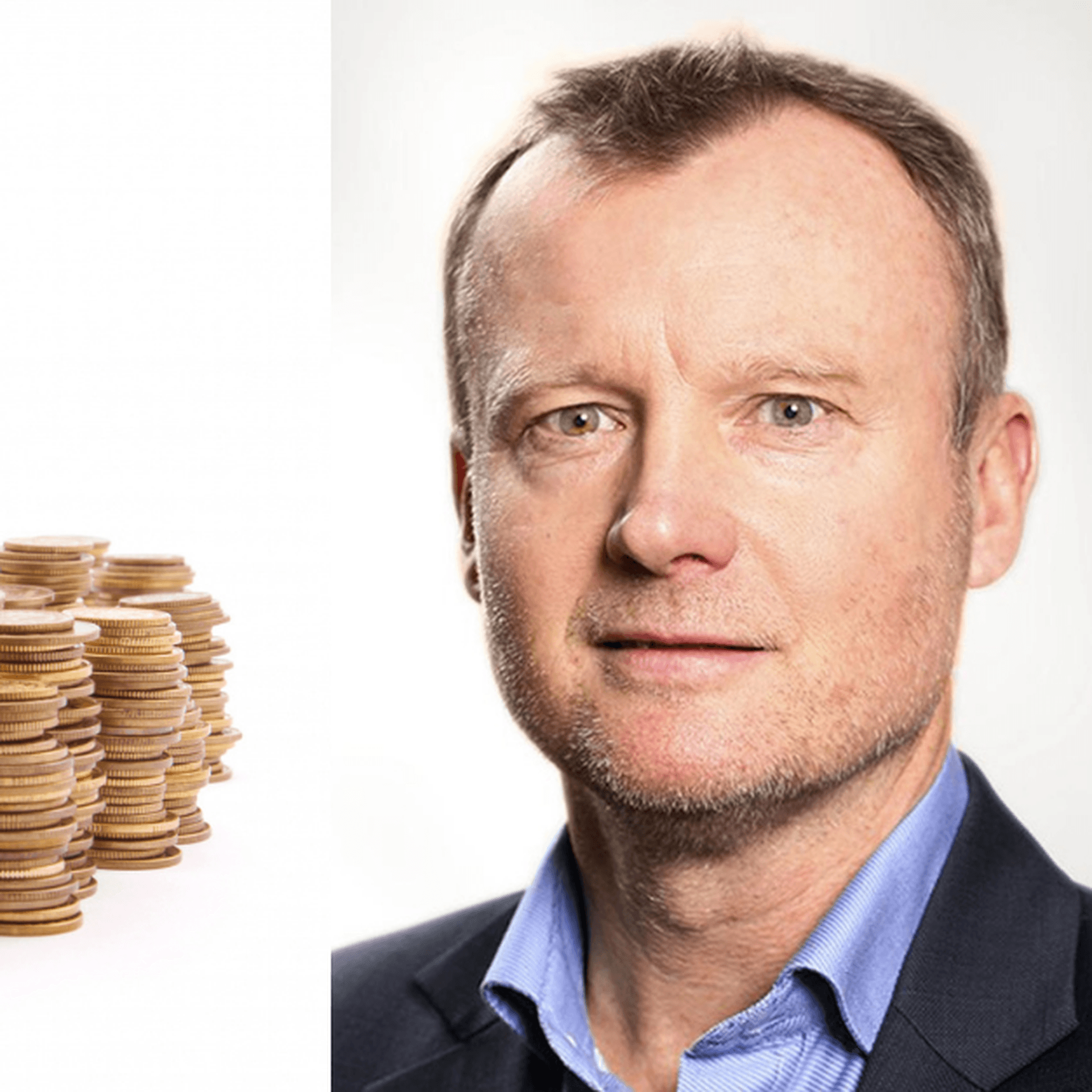 Claes Hammarstedt och en jordglob som kringgärdas av mynt