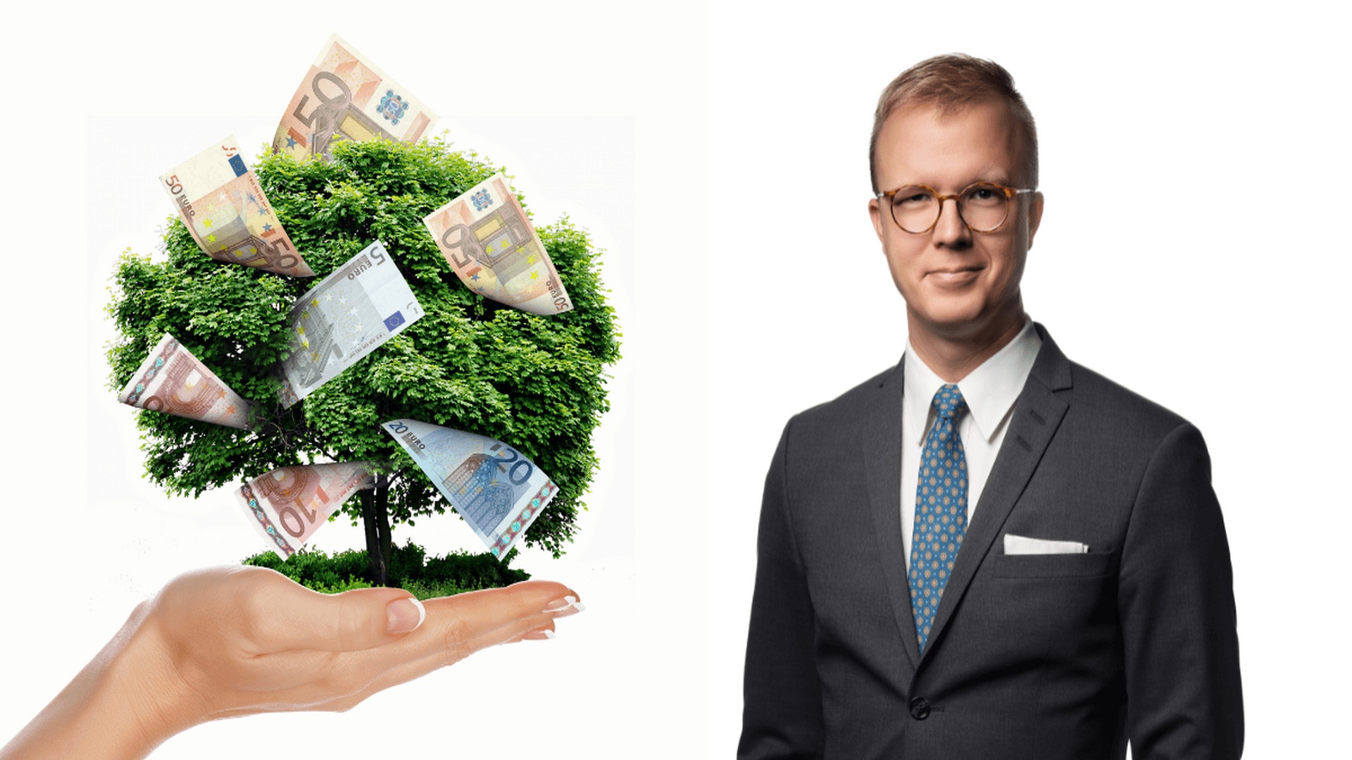 Stefan Sagebro och ett träd med Eurosedlar i