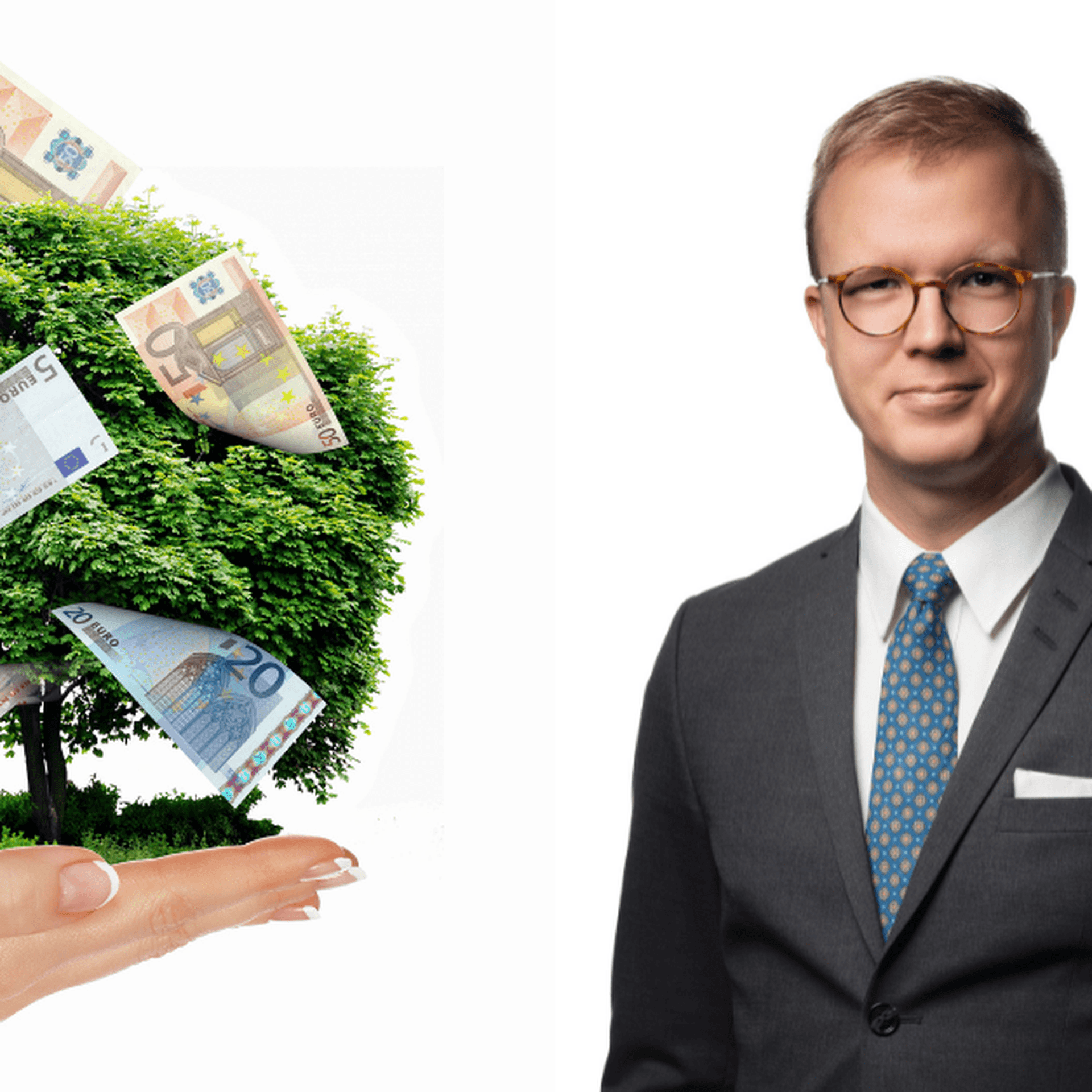 Stefan Sagebro och ett träd med Eurosedlar i