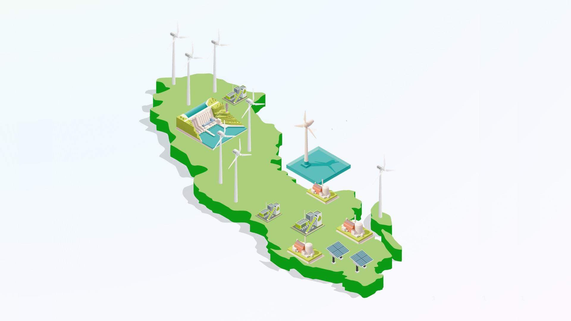 Schematisk bild på Sverige med olika elkraftkällor