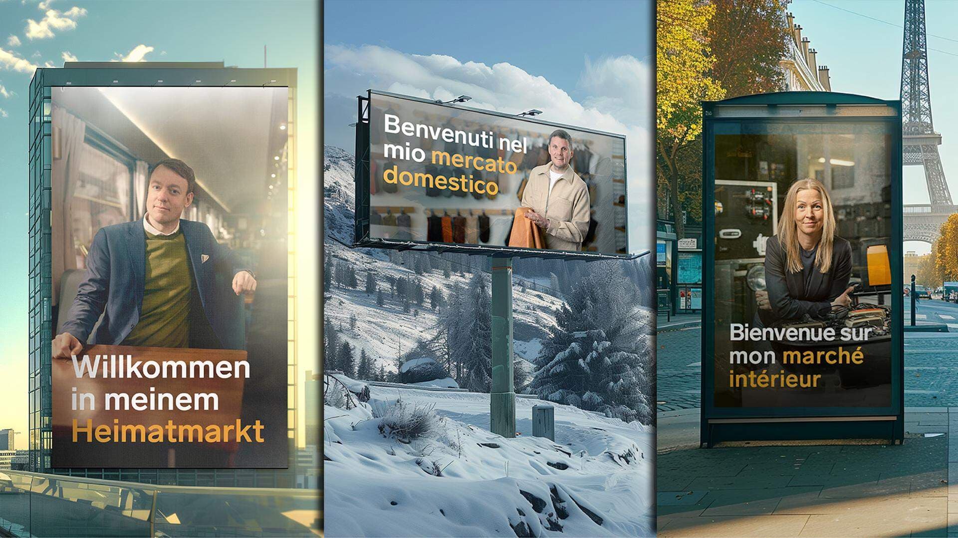 Carl Adam Holmberg, Anton Magnusson och Johanna Mogren Sundqvist hälsar välkommen till den europeiska hemmamarknaden i Svenskt Näringslivs kampanj inför valet.