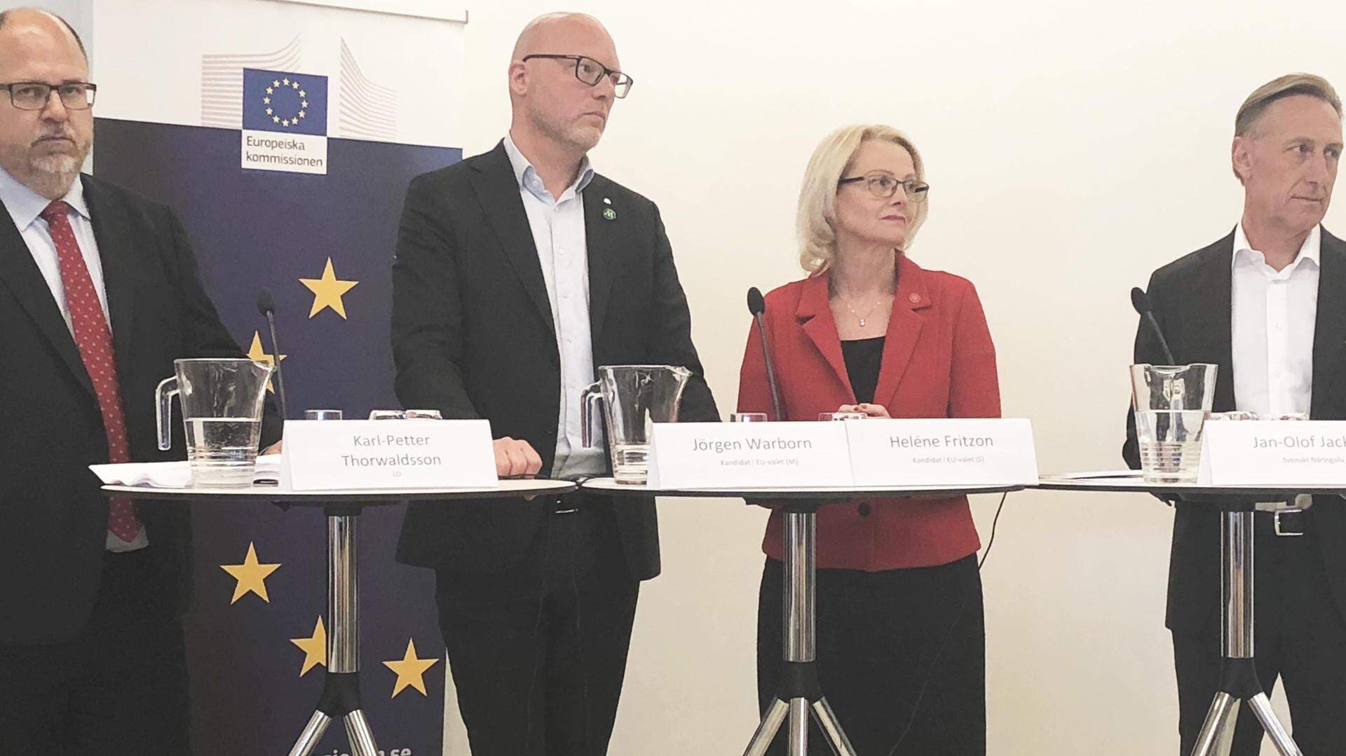 Karl-Petter Thorwladsson, ordförande i LO, Jörgen Warborn (M) kandidat i EU-valet, Heléne Fritzon (S) kandidat i EU-valet och Jan-Olof Jacke, vd för Svenskt Näringsliv debatterade EU:s konkurrenskraft på Europadagen den 9 maj.