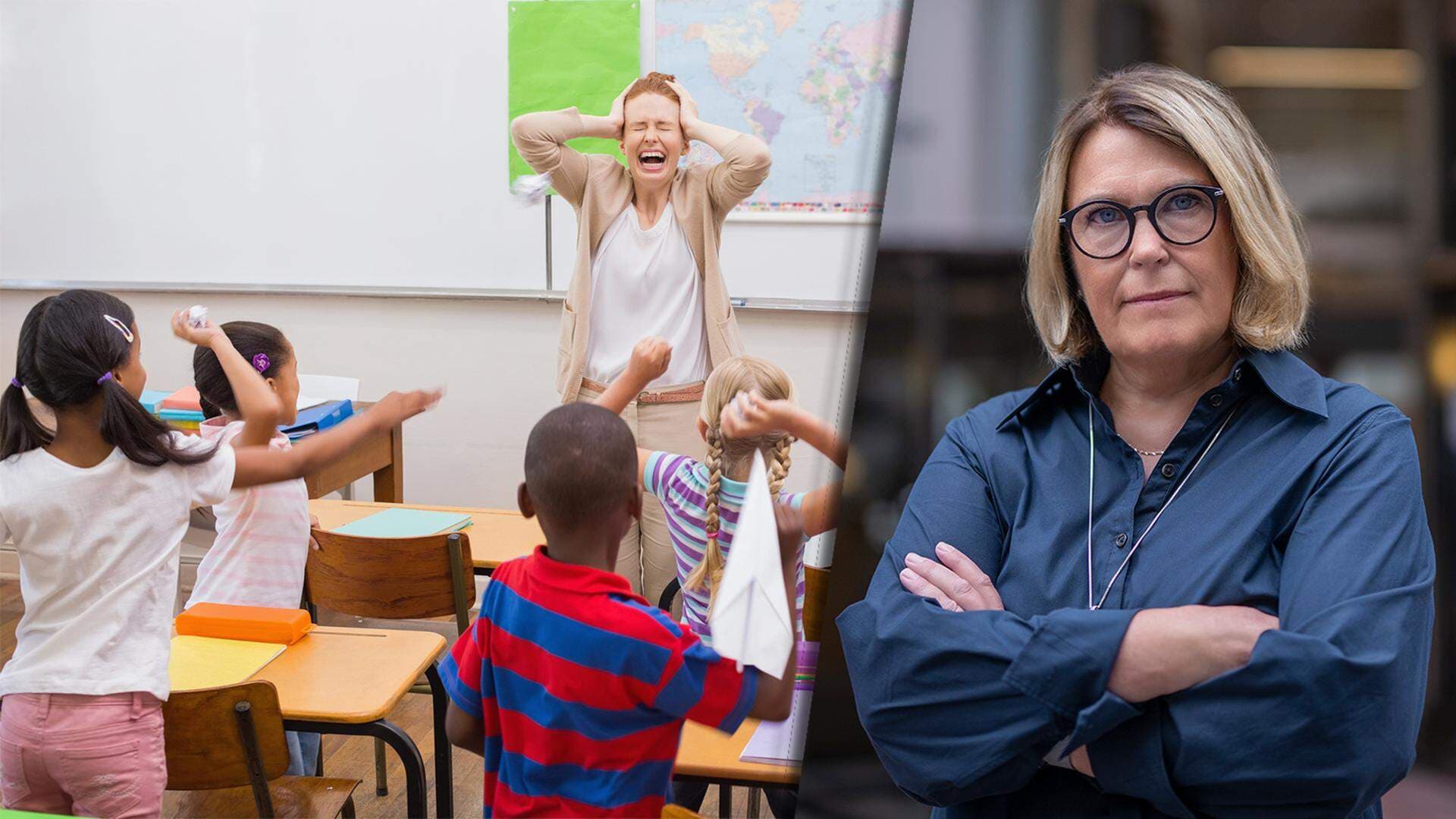 Stökigt klassrum och Karin Johansson, vice vd Svenskt Näringsliv.
