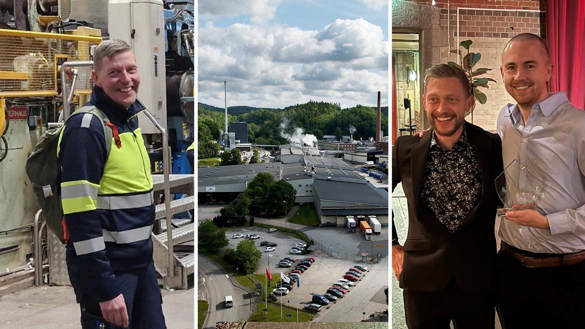 Thomas Eriksson, verksamhetsutvecklare på Kunskapens hus i Munkedal, och Alex Olausson på Arctic Paper, fick i november ta hem pris för sitt samarbete på Teknikcollege rikskonferens. Till vänster: Kristian Grind, platschef på Arctic Paper.