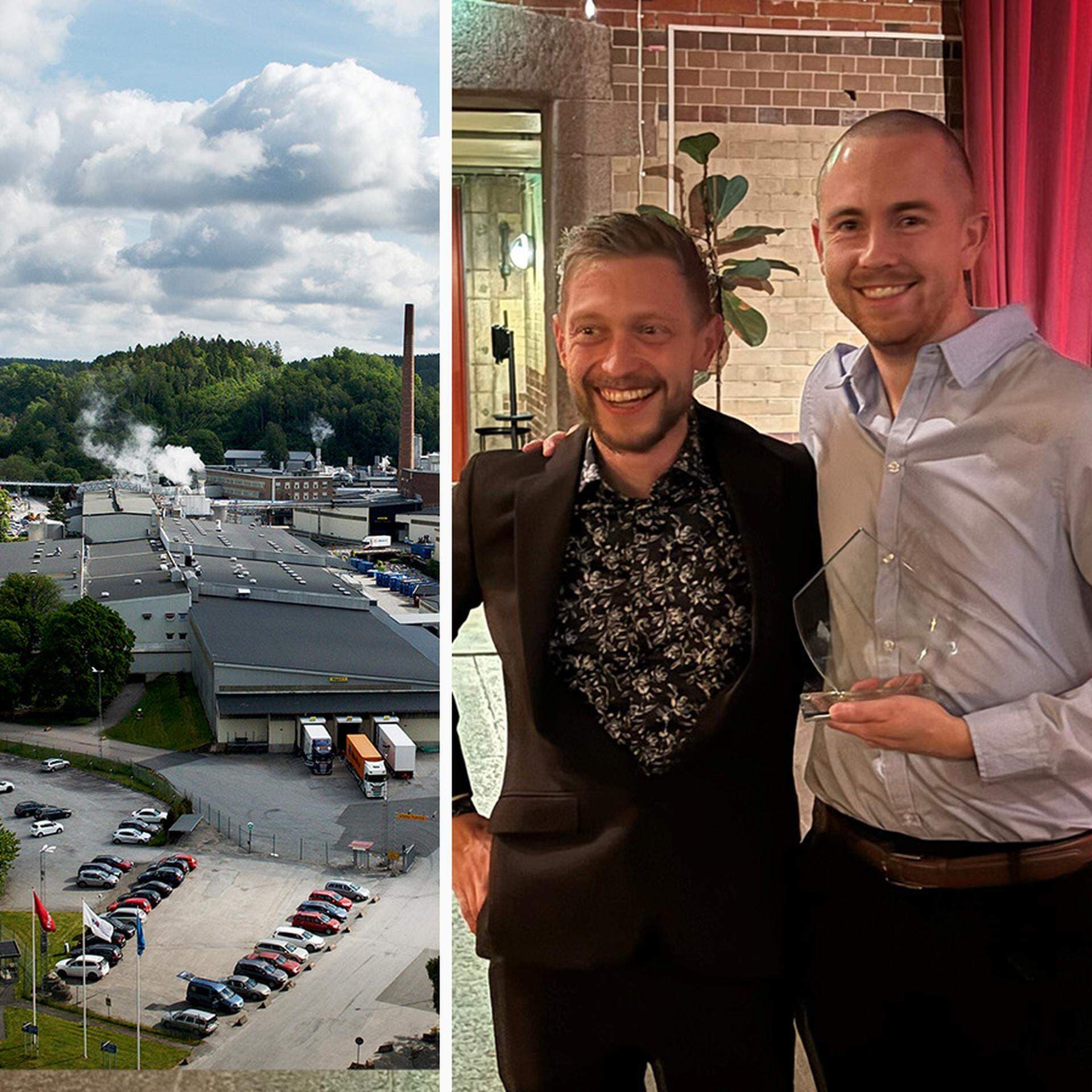 Thomas Eriksson, verksamhetsutvecklare på Kunskapens hus i Munkedal, och Alex Olausson på Arctic Paper, fick i november ta hem pris för sitt samarbete på Teknikcollege rikskonferens. Till vänster: Kristian Grind, platschef på Arctic Paper.