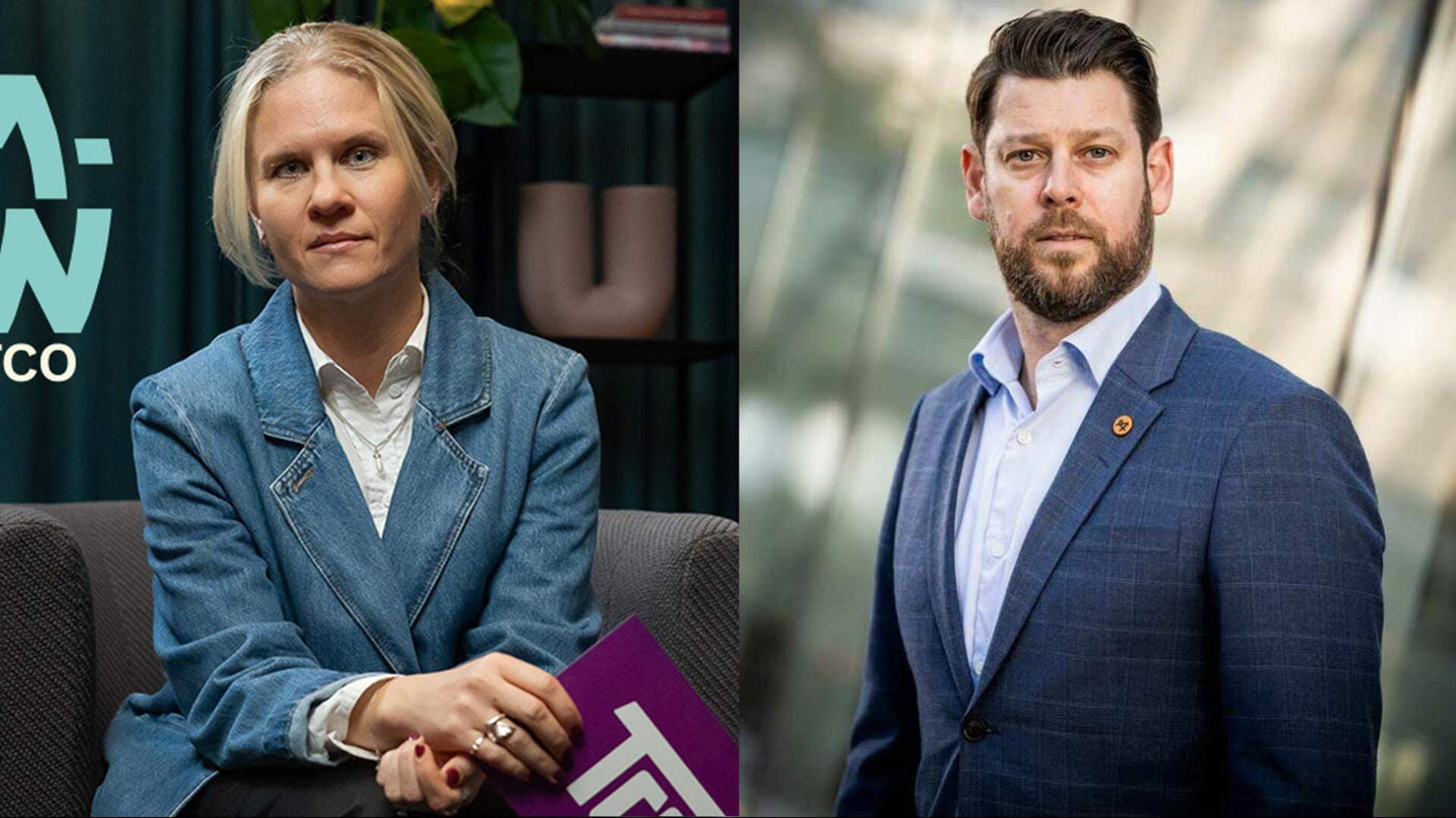 Charlotta Helge, samhällspolitisk chef på TCO, Jonas Jegers, näringspolitisk expert på Almega.