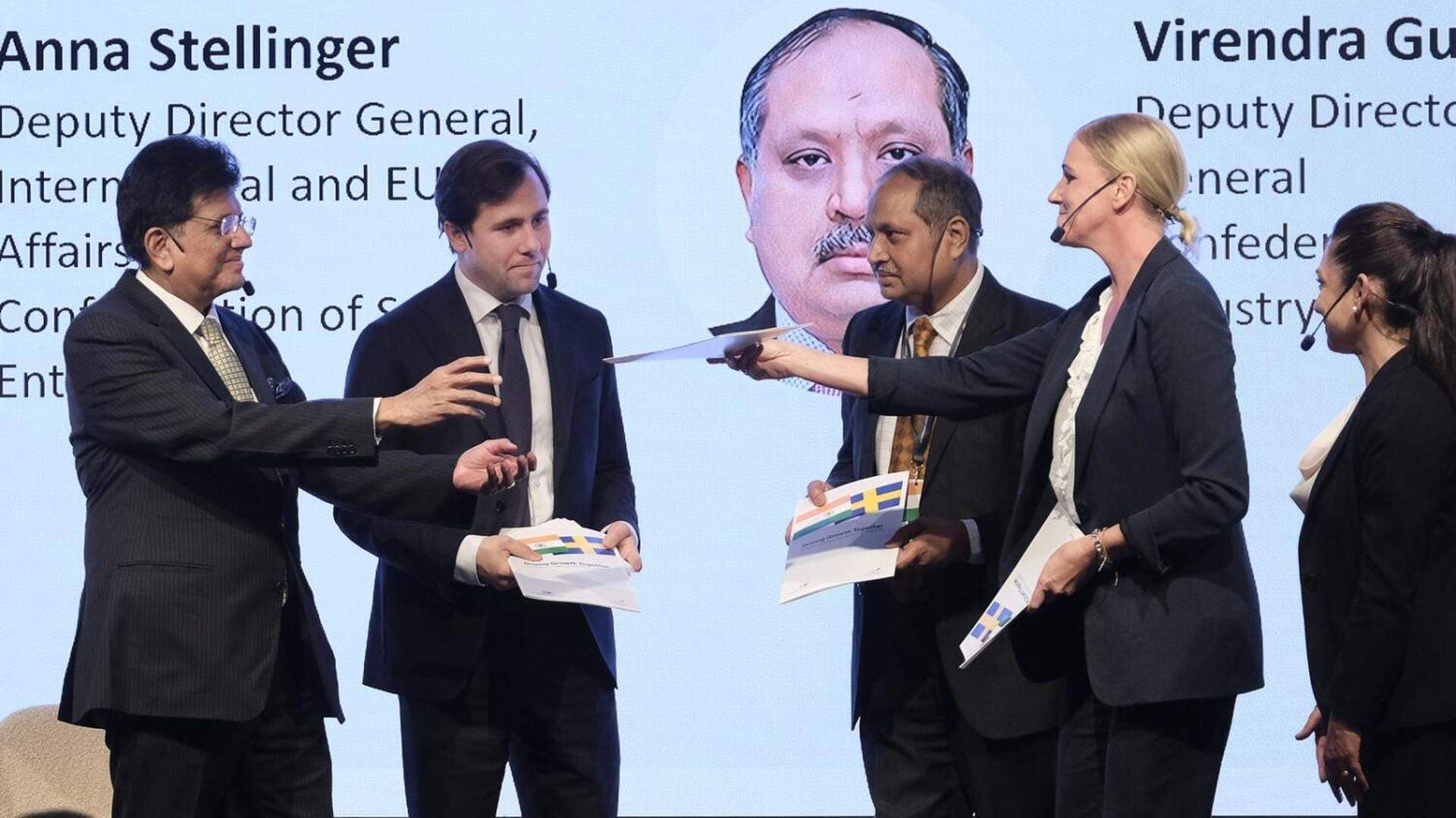 F.v. Indiens handelsminister Piyush Goyal; Sveriges utrikeshandelsminister Benjamin Dousa, Virendra Gupta, chef för Confederation of Indian Industry (CII); Anna Stellinger, chef för internationella och EU-frågor.