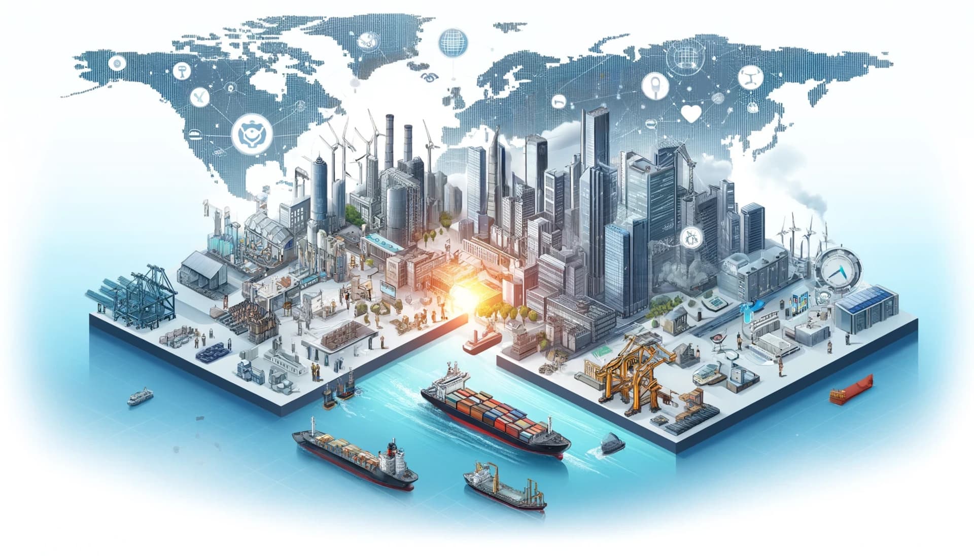 En detaljerad illustration som visar handelns moderna inverkan på ekonomin med fokus på högteknologiska branscher.