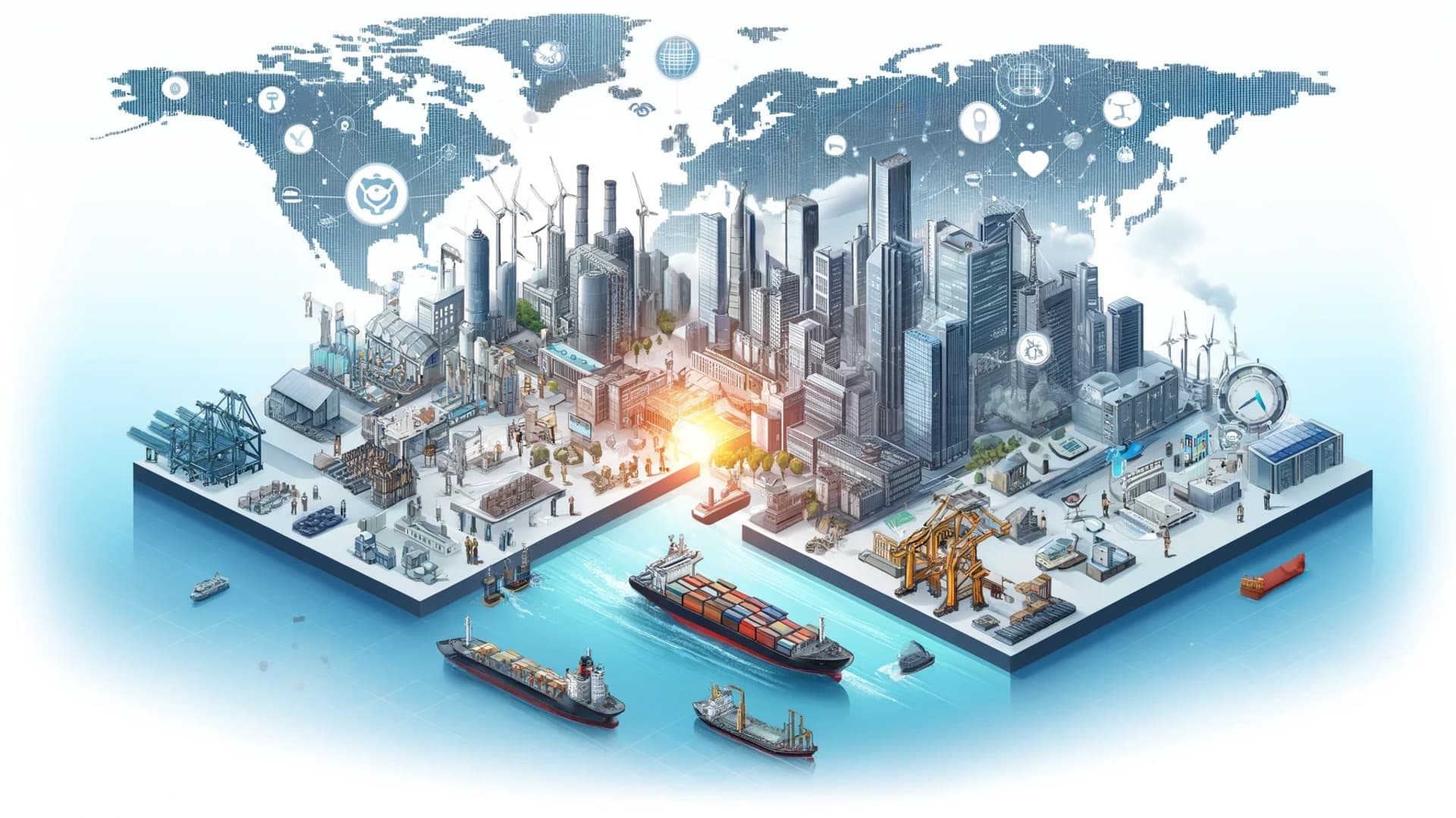 En detaljerad illustration som visar handelns moderna inverkan på ekonomin med fokus på högteknologiska branscher.