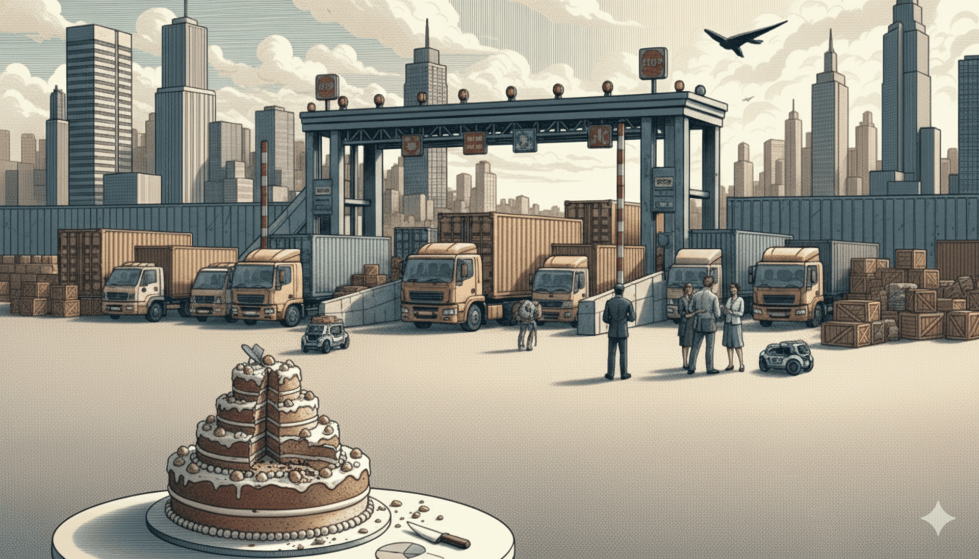 En illustration i modern, stiliserad form som visar effekterna av handelstullar. I förgrunden delas en flervåningstårta, som symboliserar ekonomin. Tårtan verkar krympa. I bakgrunden blockerar en stor, modern tullbarriär med STOPP-skyltar en rad fraktcontainrar och lastbilar. Flera personer i affärskläder står nära barriären och observerar situationen.