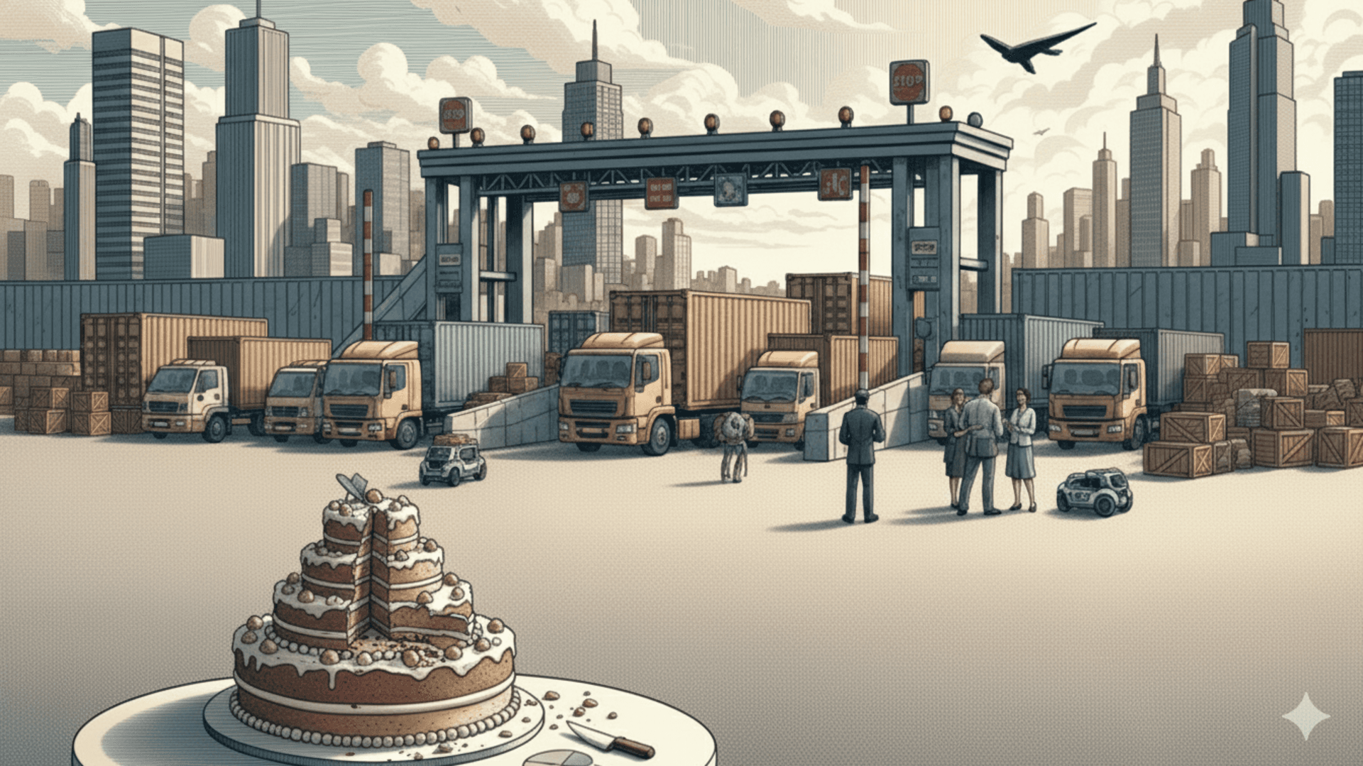 En illustration i modern, stiliserad form som visar effekterna av handelstullar. I förgrunden delas en flervåningstårta, som symboliserar ekonomin. Tårtan verkar krympa. I bakgrunden blockerar en stor, modern tullbarriär med STOPP-skyltar en rad fraktcontainrar och lastbilar. Flera personer i affärskläder står nära barriären och observerar situationen.