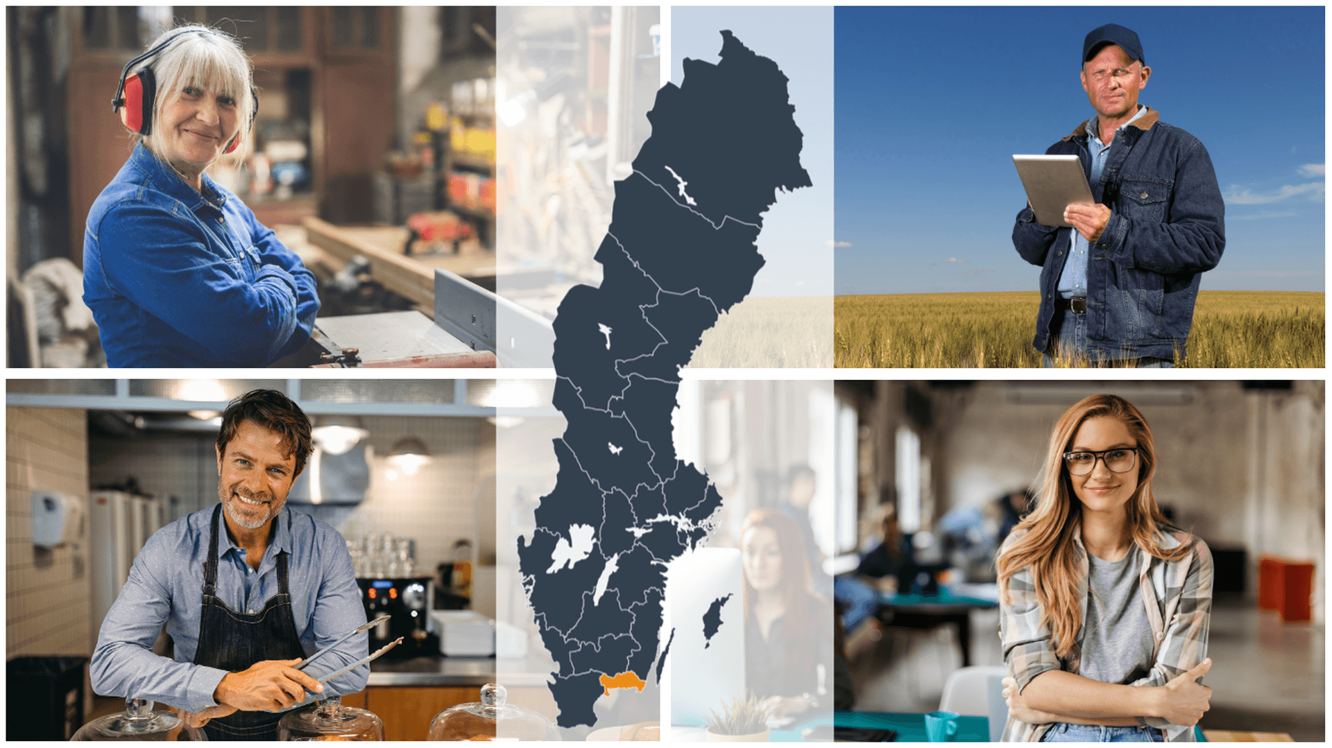 Kollage företagare samt Sverigekarta där Blekinge är markerat i annan färg