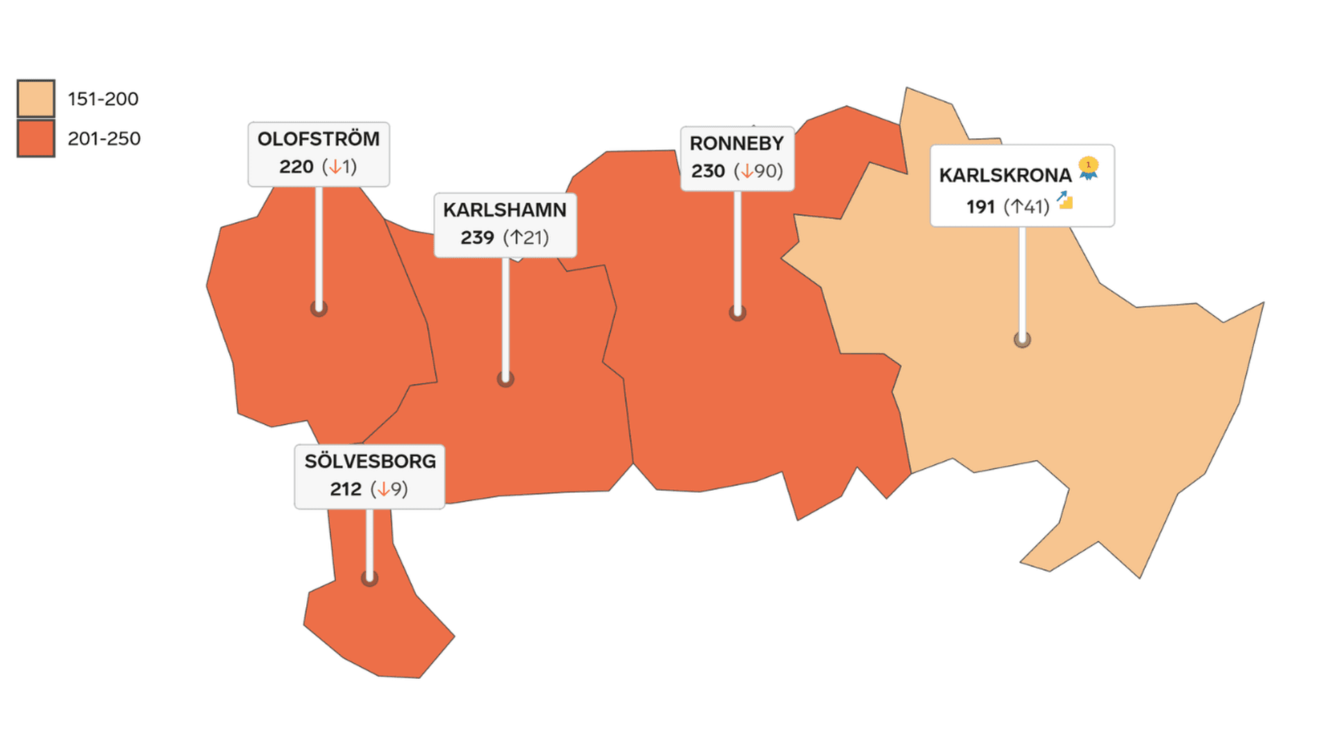Karta över Blekinge med rankingresultatet