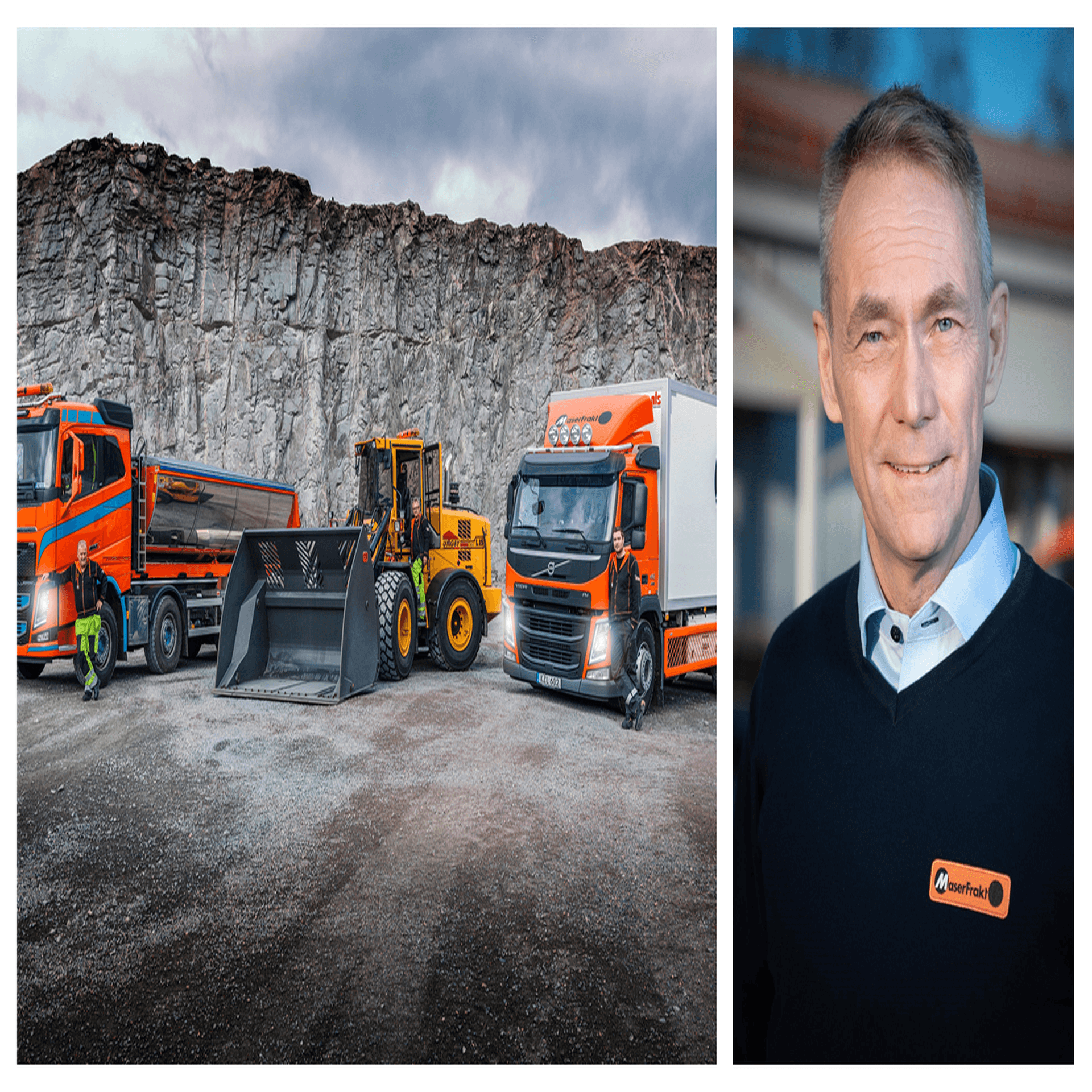 Två lastbilar och en hjullastare och en porträttbild på Per Bondemark