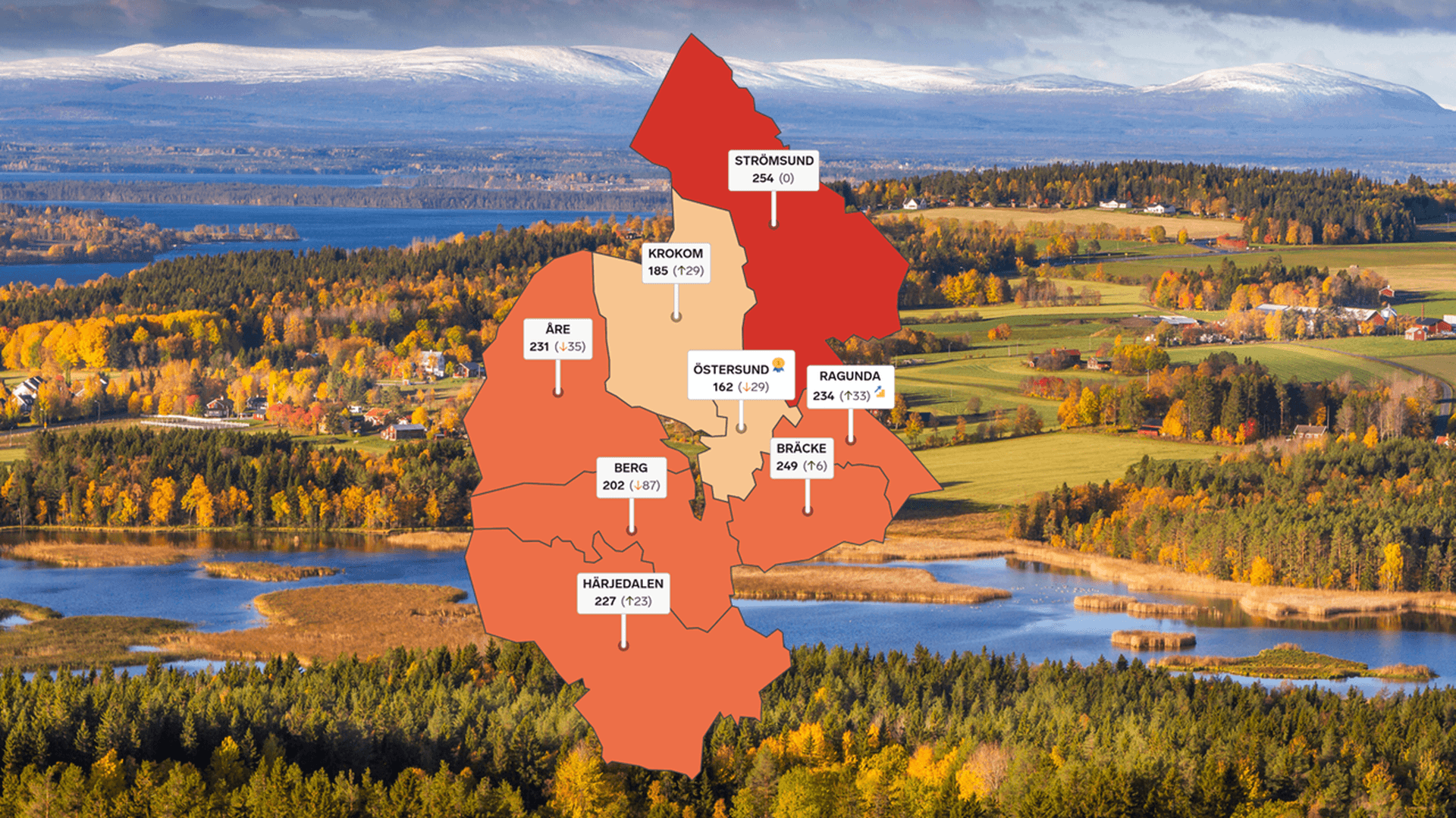 I bakgrunden landskap i höstfärger. I förgrunden en rankingkarta över Jämtlands län.