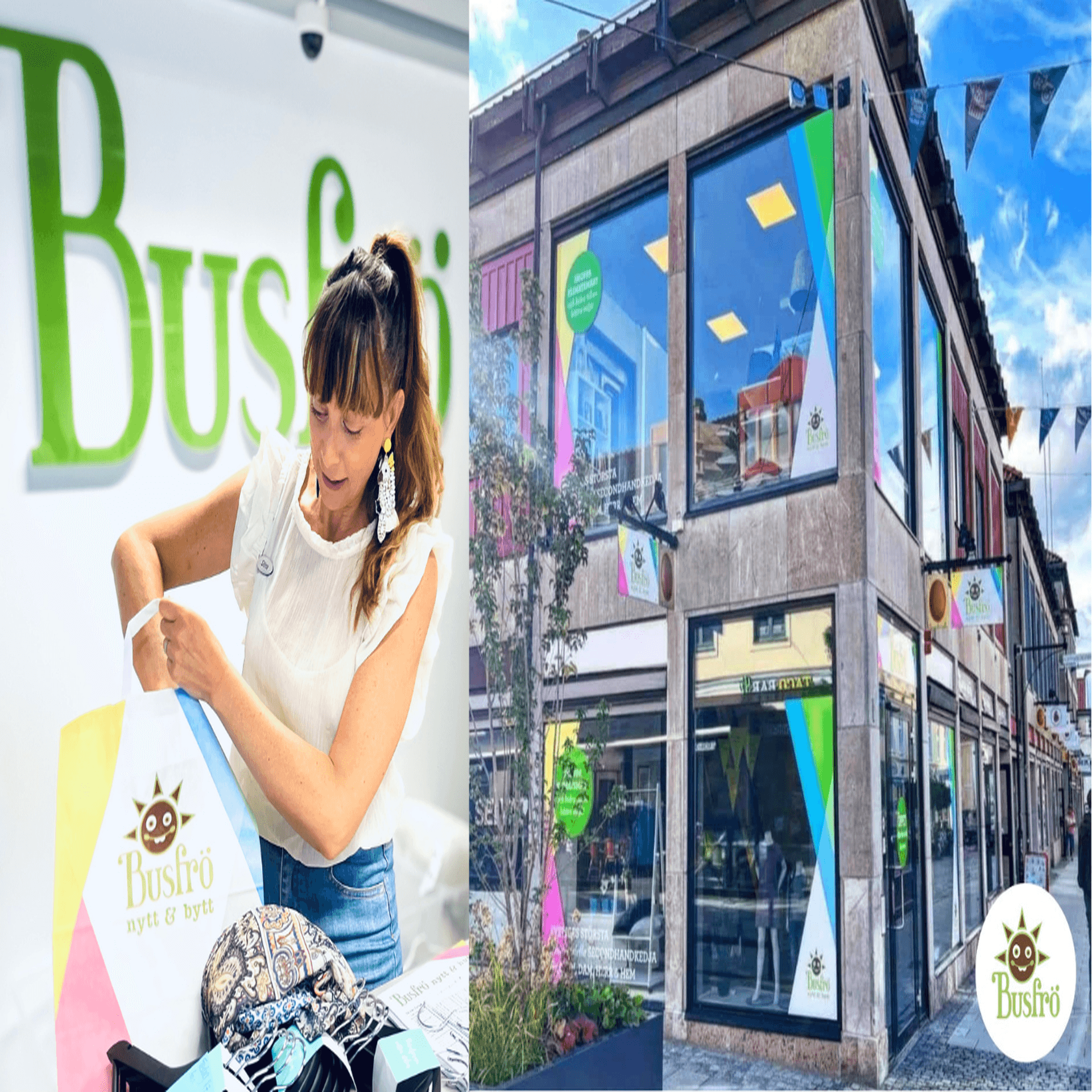Kollage med Stina Qubti en av butikerna Busfrö