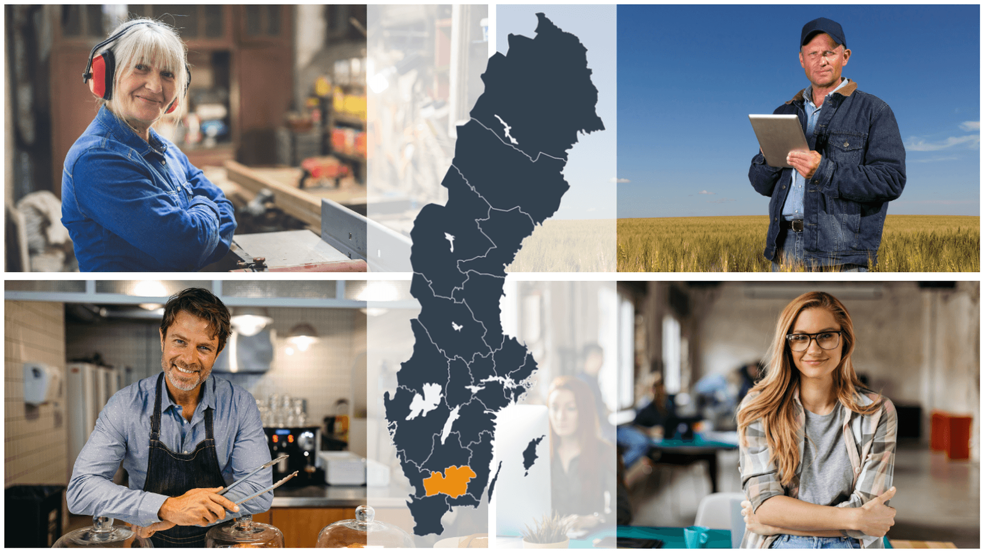 Kollage företagare samt Sverigekarta där Kronobergs län är markerat i annan färg