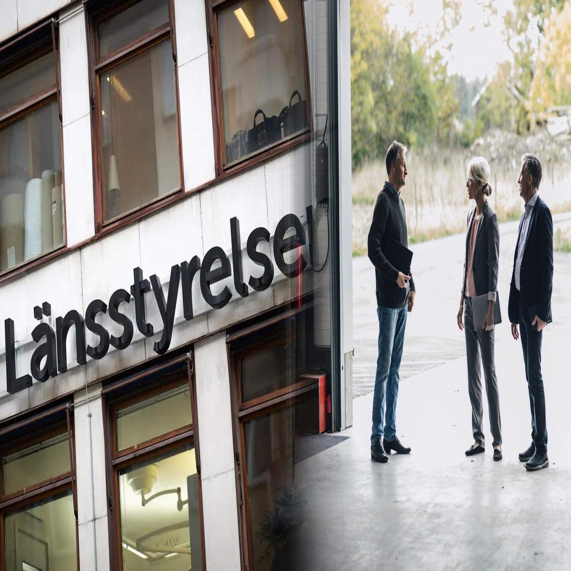 Collage: Länsstyrelsens fasadskylt och samtal med företagare