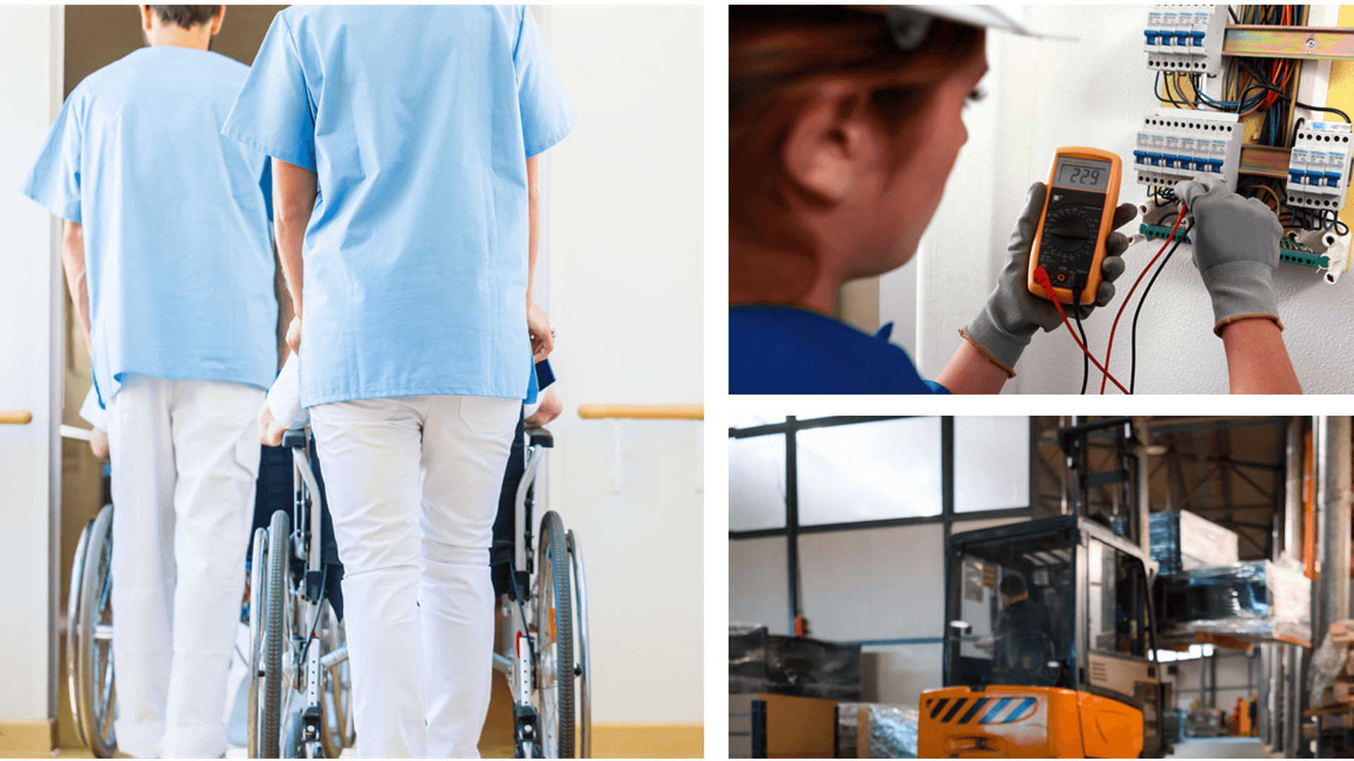 Ett kollage med tre bilder: vårdpersonal, elektriker och truckförare