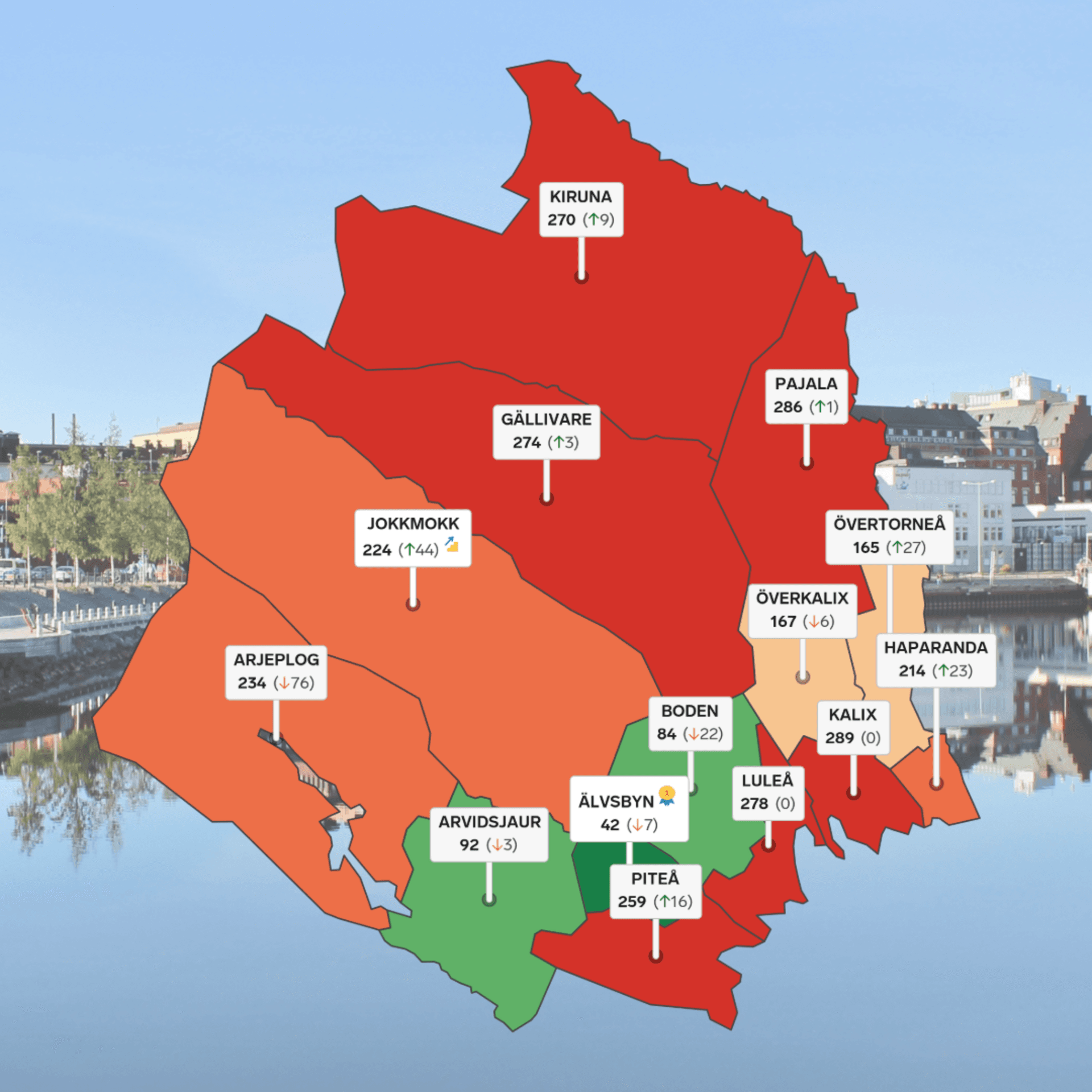 Grafisk karta över kommunernas respektive resultat mot en bakgrund över Luleå.