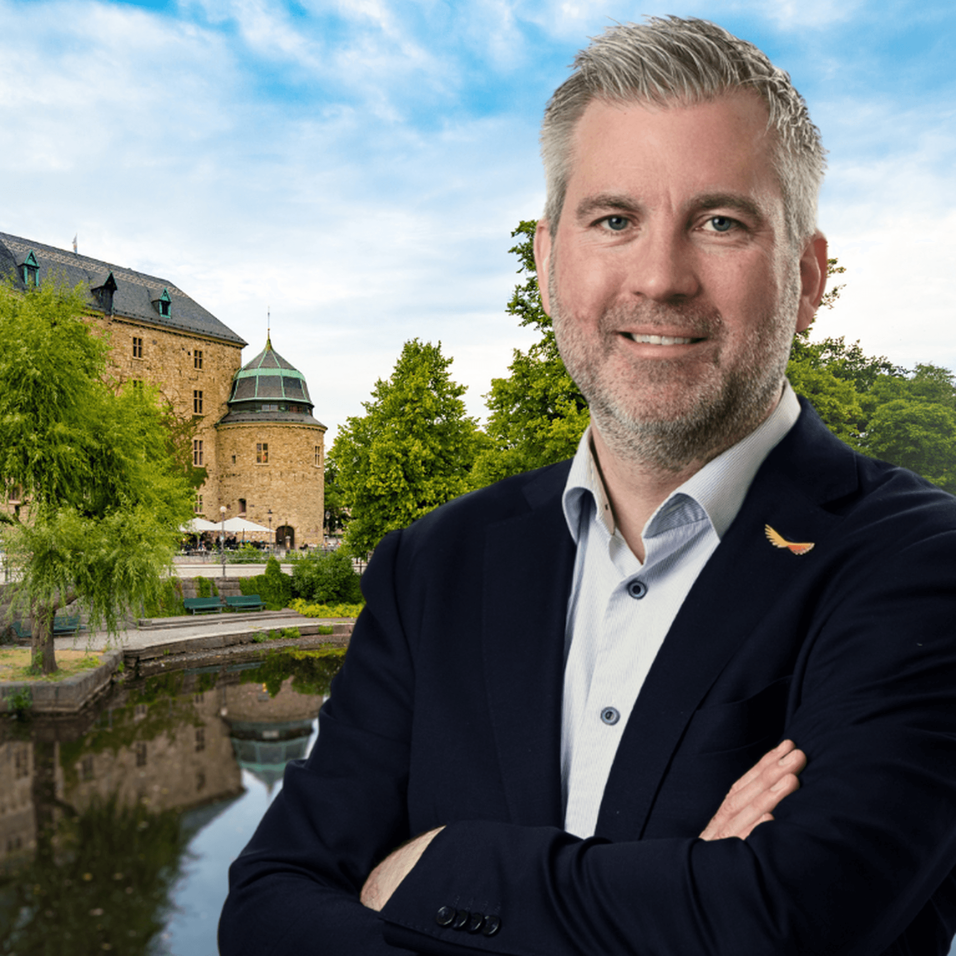 Bildcollage: Karl Hulterström med Örebro slott i bakgrunden