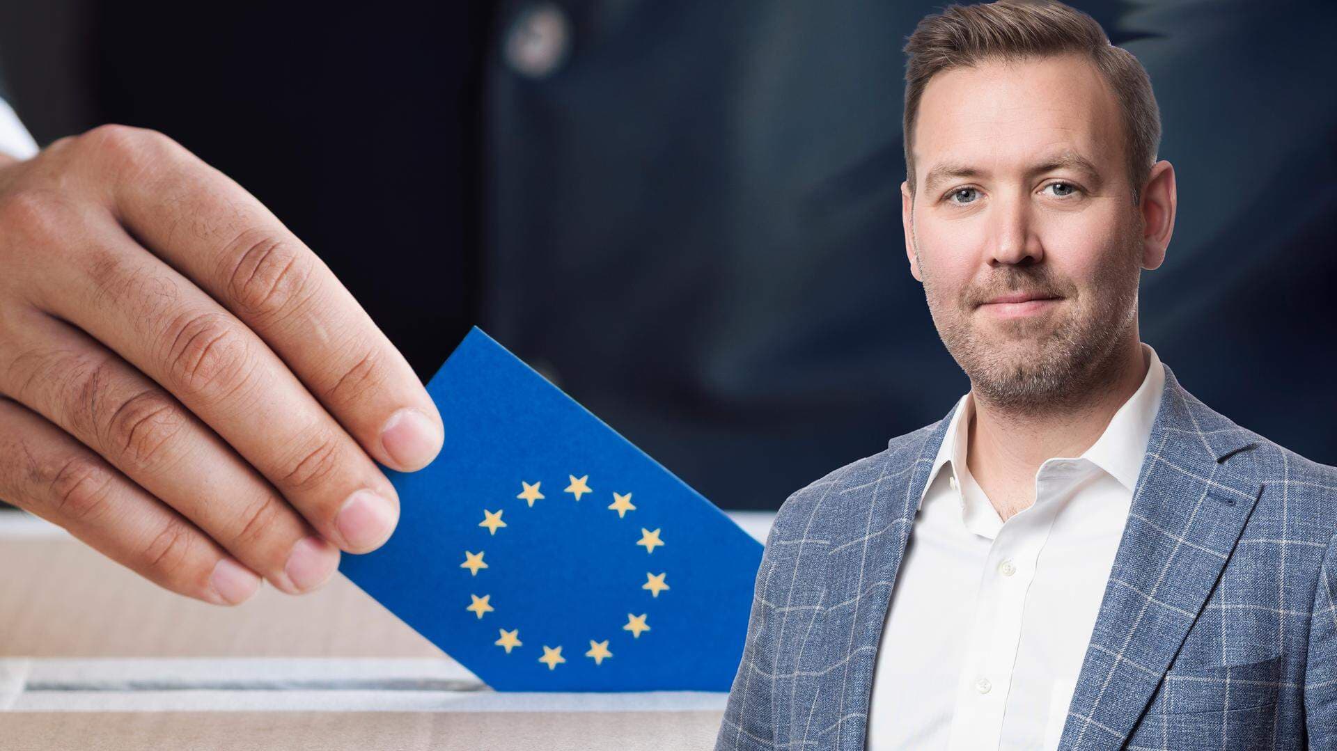 Collage: Johan Gustafsson, regionchef Svenskt Näringsliv Östergötland och röstsedel med EU-flaggan