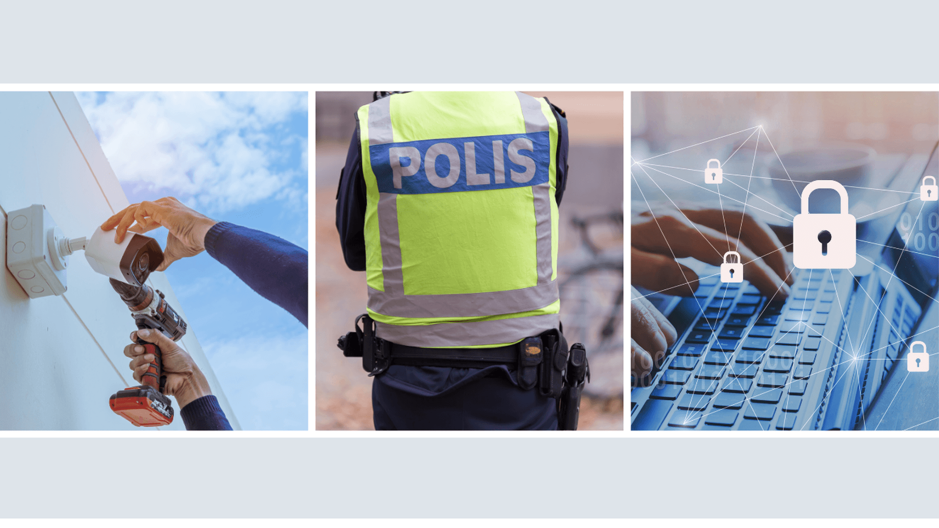 kollage övervakningskamera polis laptop