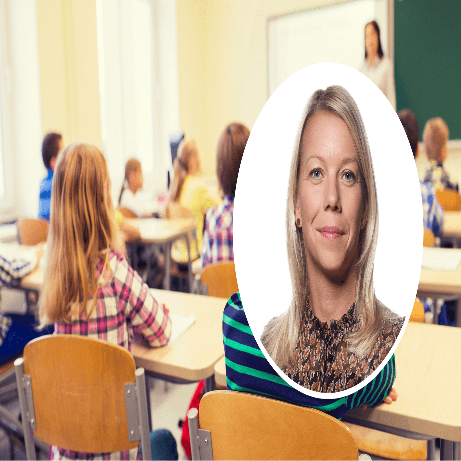Kollage av en skolsal med elever samt Carola Netterlid