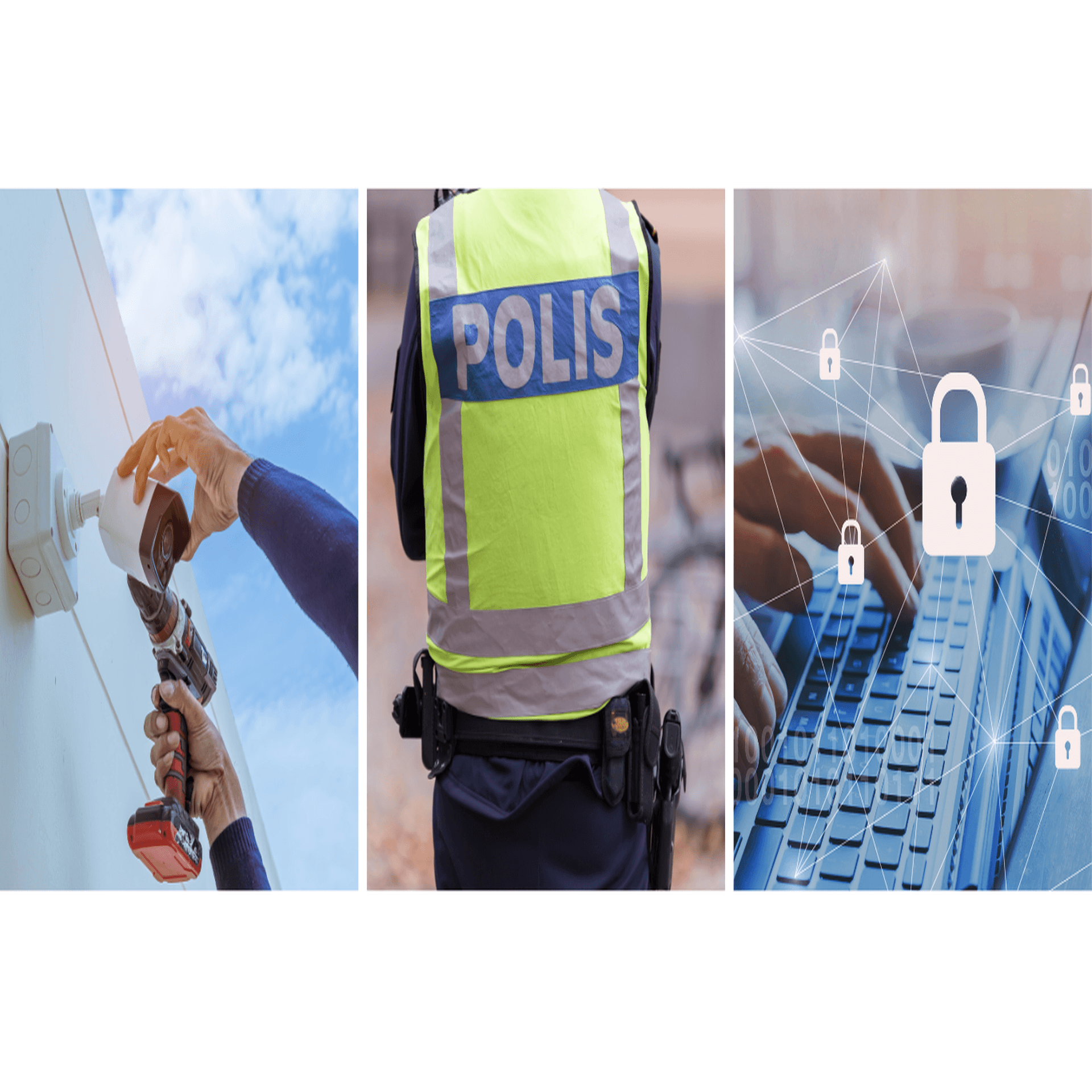 kollage övervakningskamera, polis och laptop med hänglås