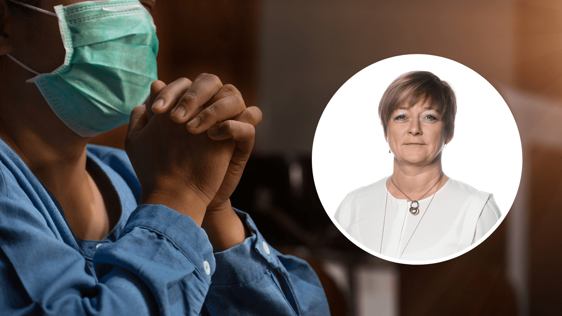 Kollage med en förtvivlad person med munskydd samt Carina Centrén