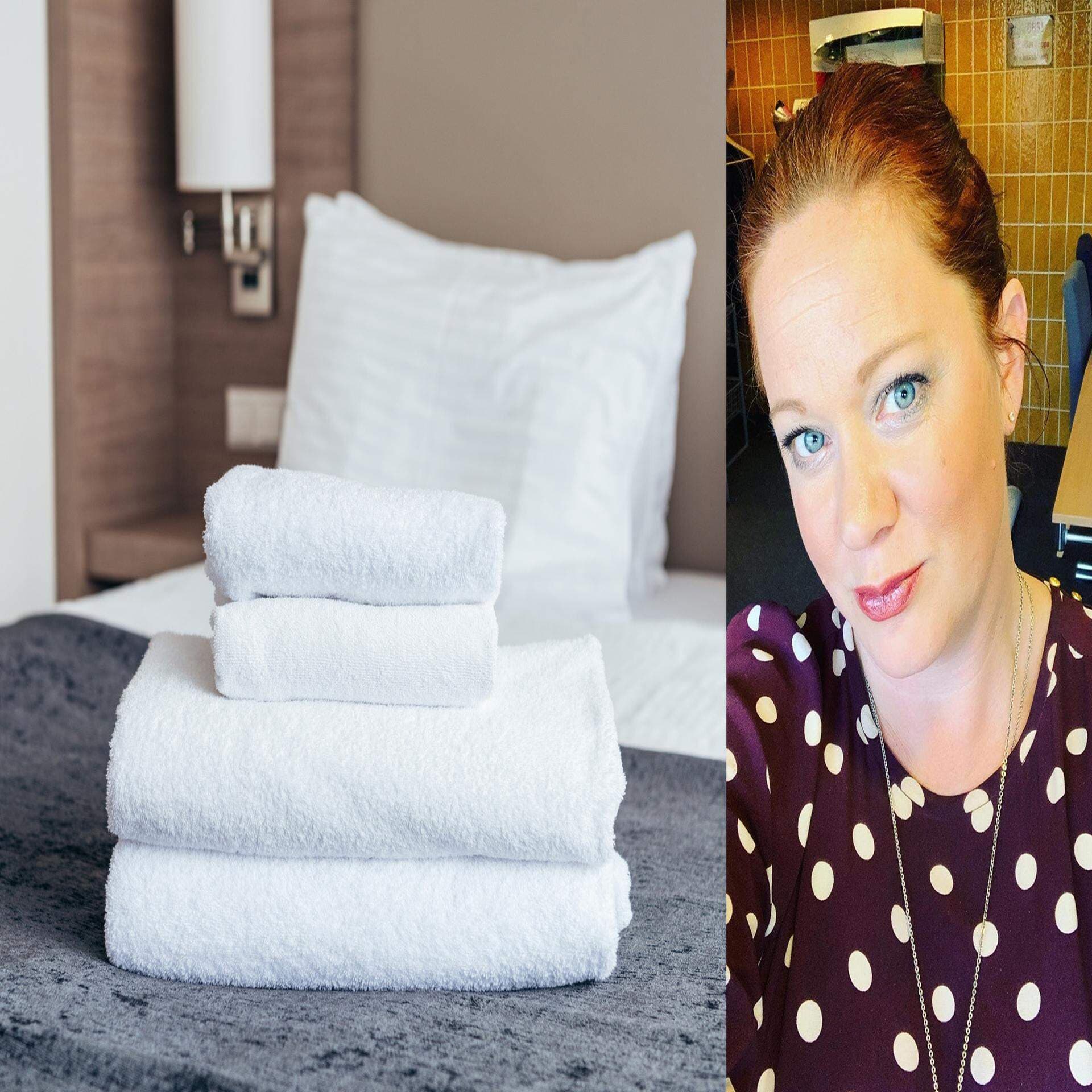 Bildkollage: Hotellrum och porträtt av Jennifer Troëng Johansson
