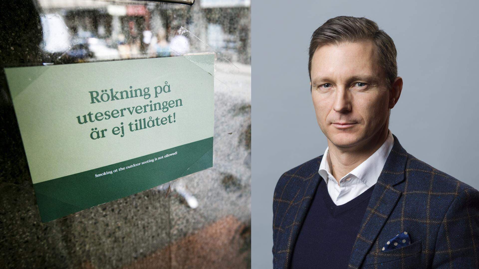 Skylt på rökförbud samt bild på Björn Lindgren