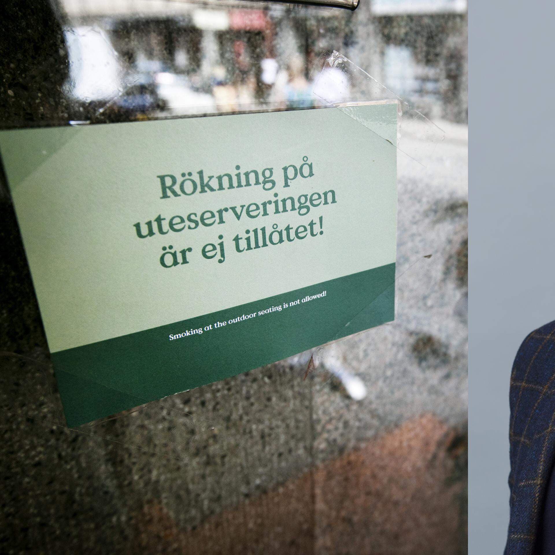 Skylt på rökförbud samt bild på Björn Lindgren