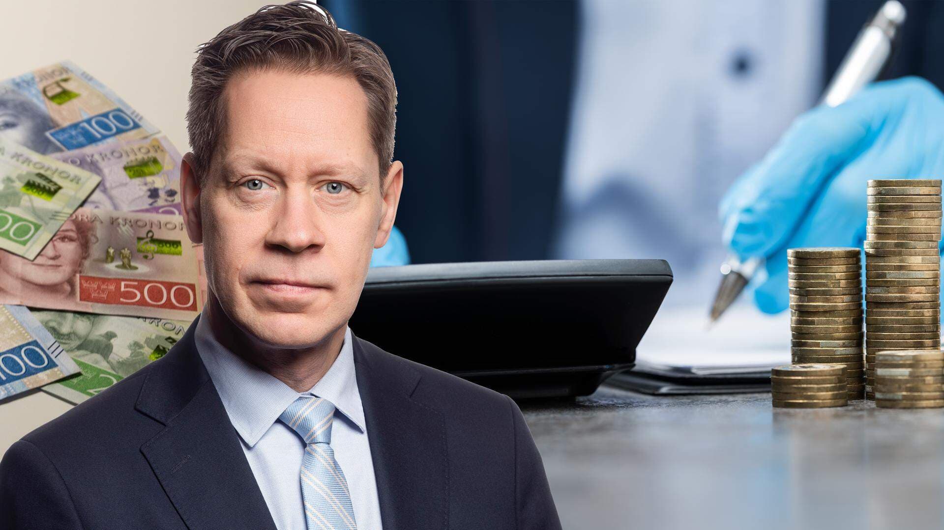 Billdcollage med porträtt av Johan Fall samt sedlar i bakgrunden