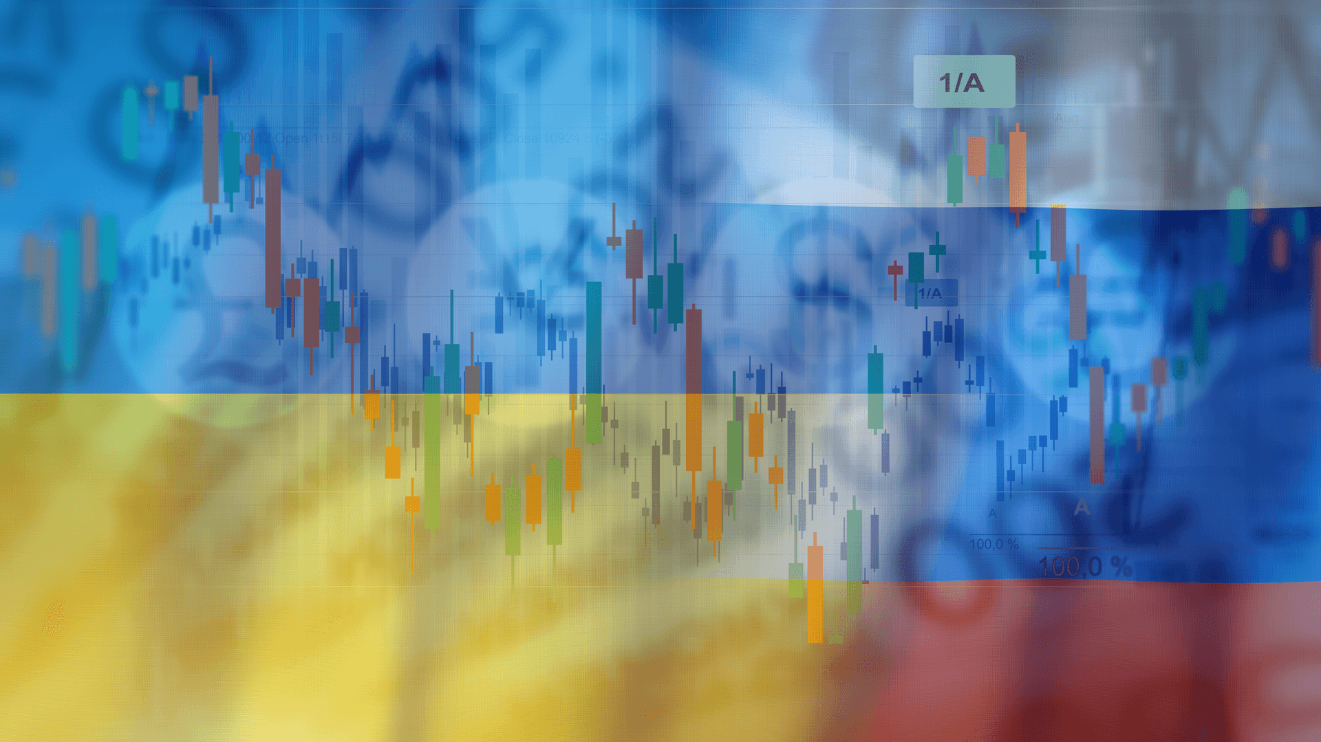 Bildcollage: Börskurva och Ukrainska och ryska flaggan