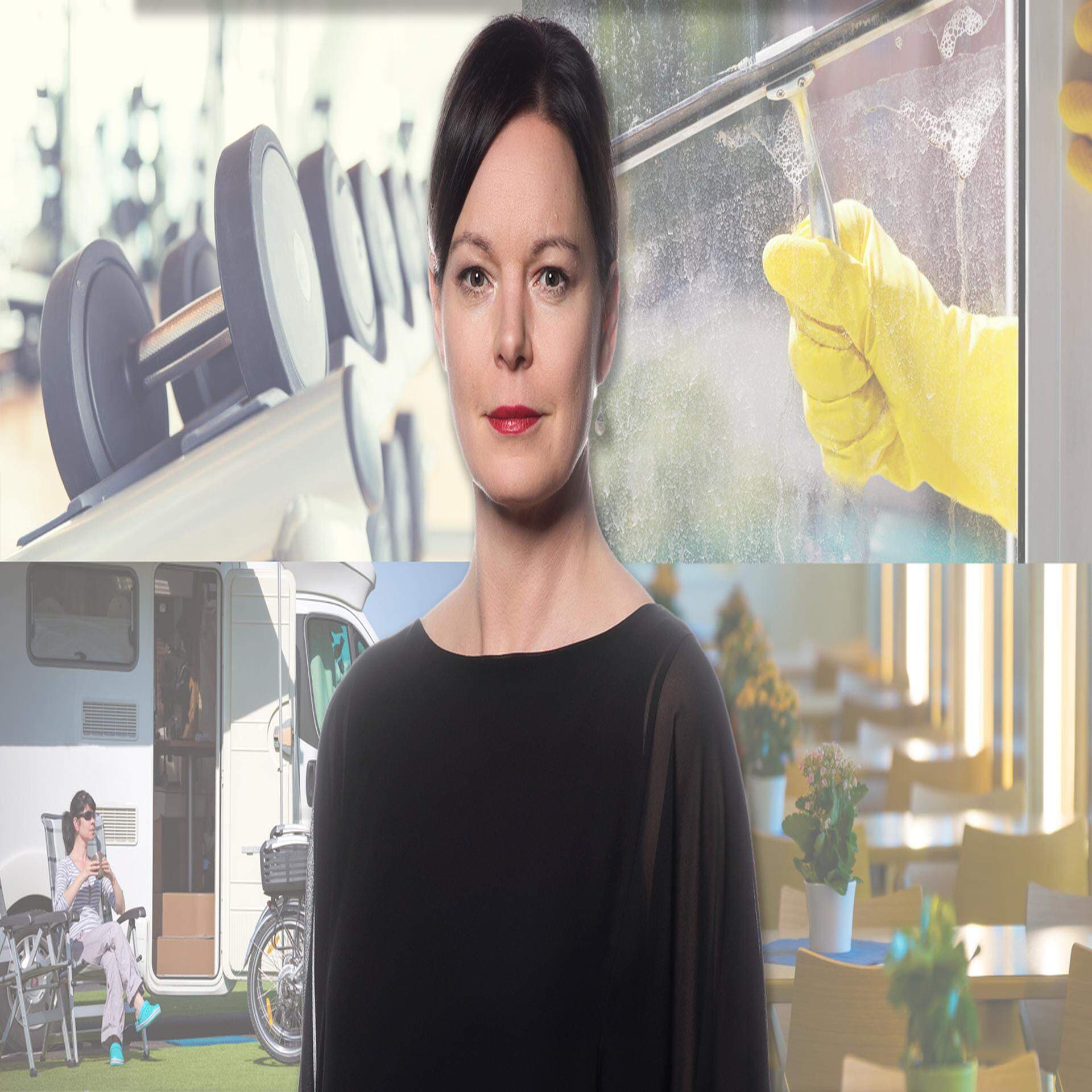 Bildcollage med exempel på verksamheter som kommuner inte ska bedriva samt porträtt på Anna-lena Holmström