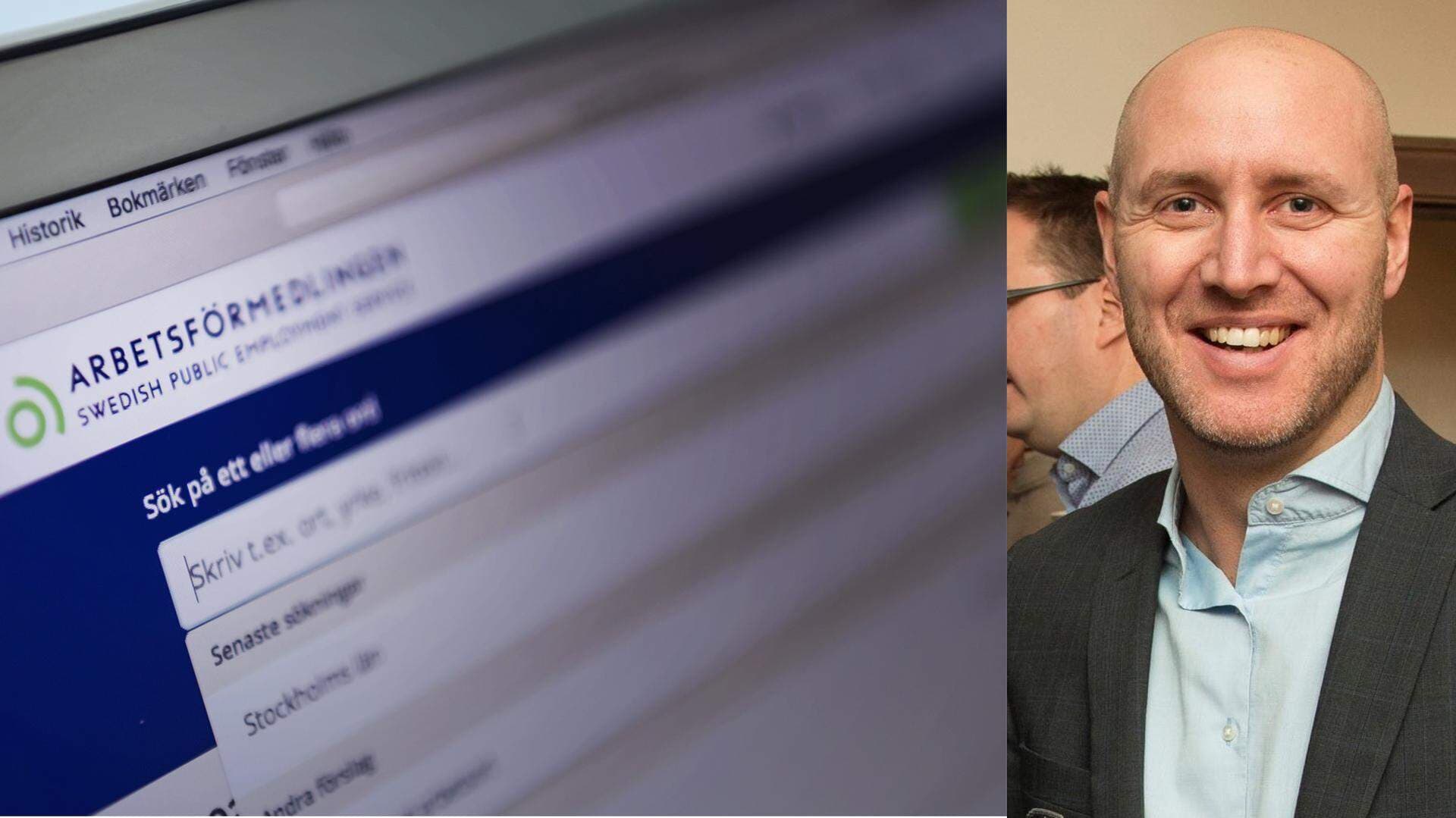 Bildmontage: Sökning på Arbetsförmedlingens webbplats och bild på Stefan Andersson