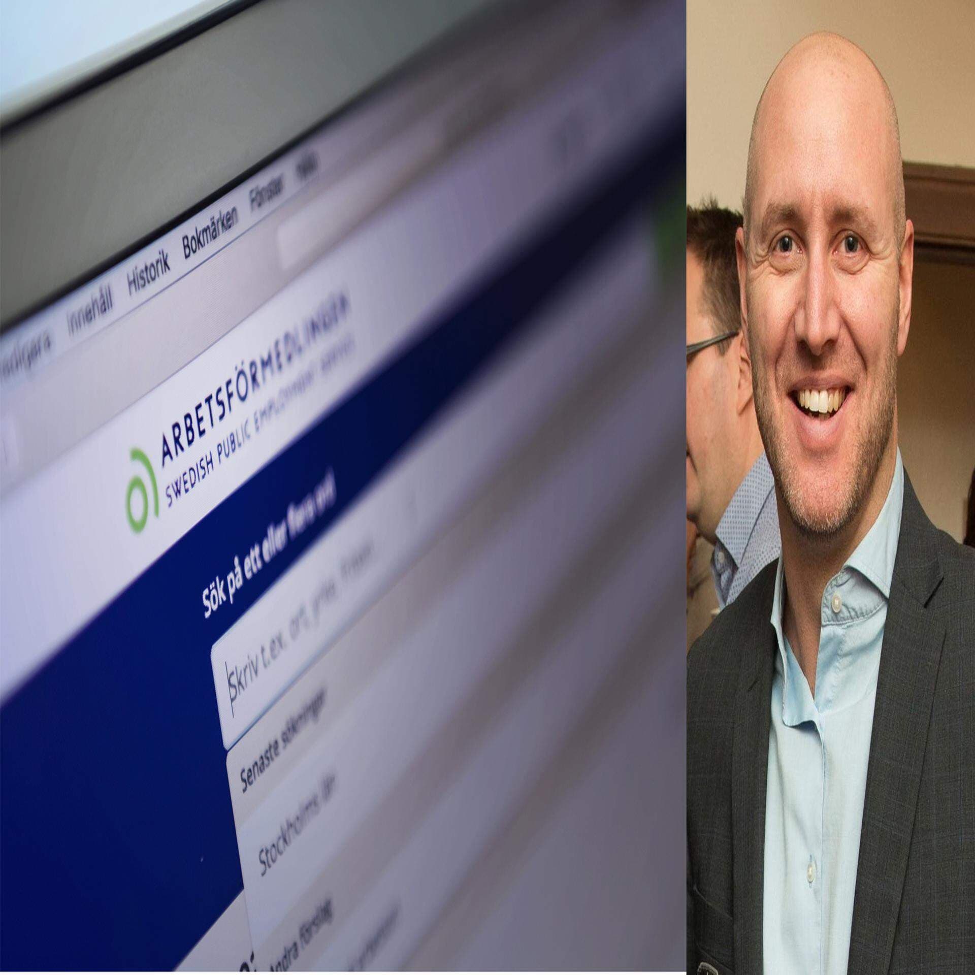 Bildmontage: Sökning på Arbetsförmedlingens webbplats och bild på Stefan Andersson